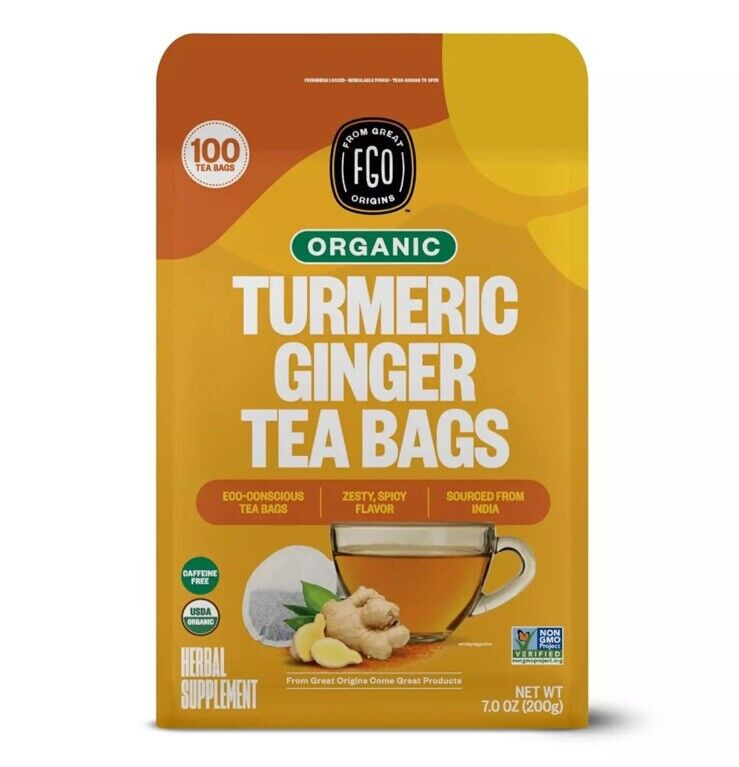 Organic Turmeric Ginger Tea – Eco-Conscious Tea Bags – 100 Count BB:03/27