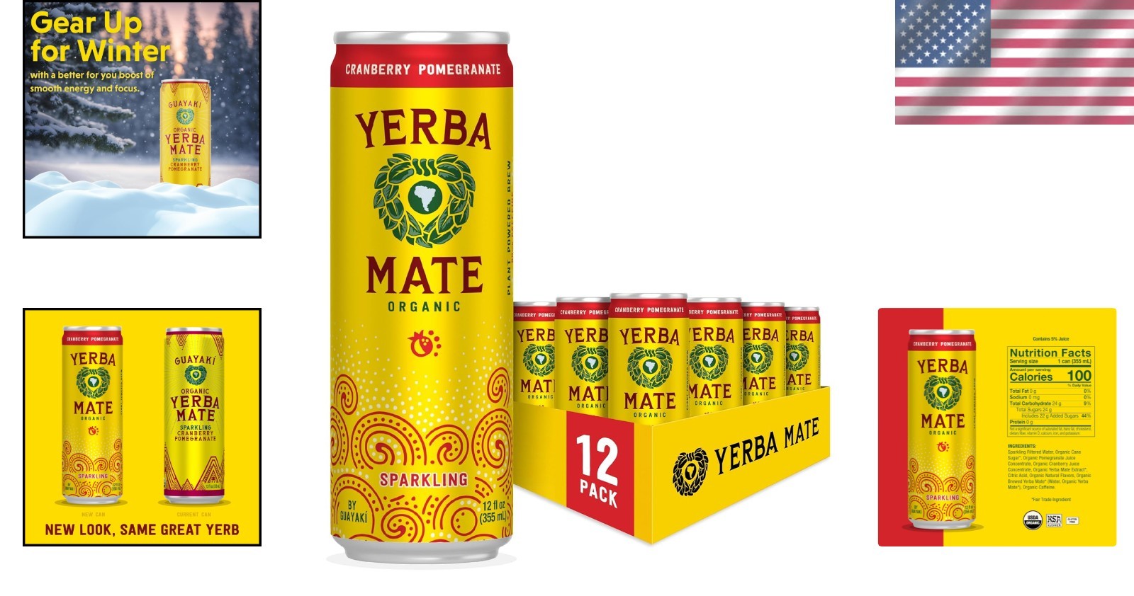 Organic Sparkling Yerba Mate Cranberry Pomegranate 80mg Caffeine 12oz 12 Pack