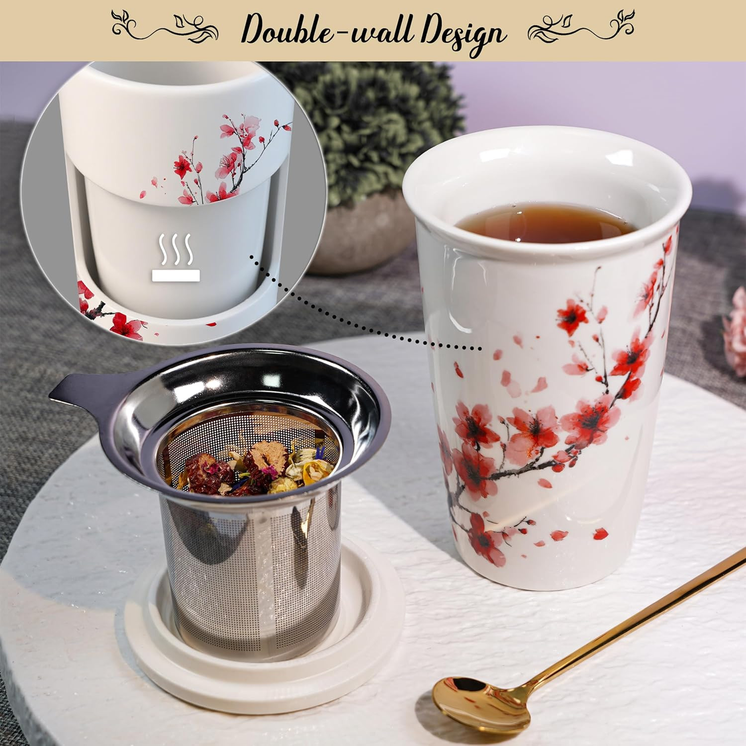Tea Gift Set for Women – 6 Herbal Loose Leaf Tea Blends, Insulated Ceramic Cup w