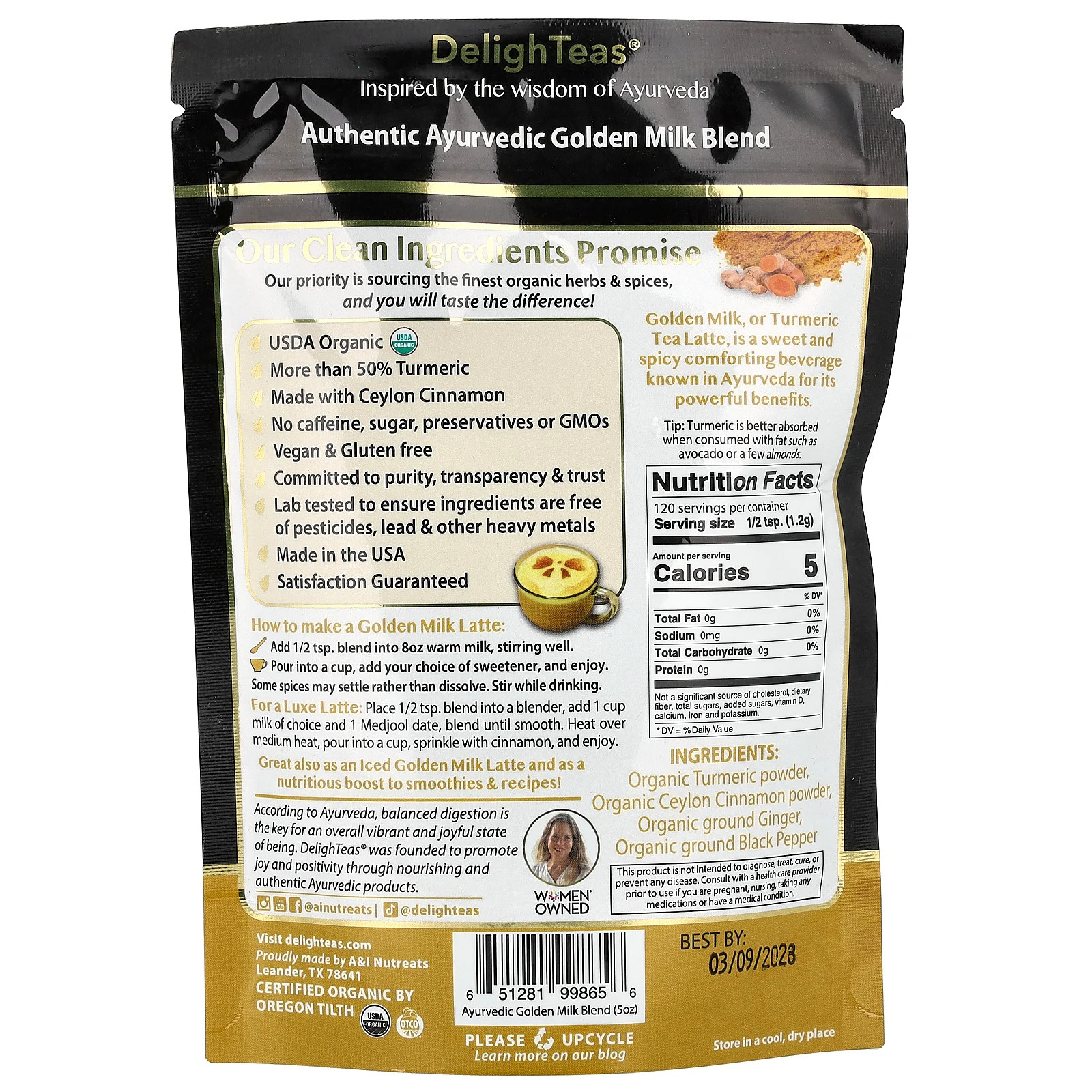 Ayurvedic Golden Milk Blend, Turmeric Tea Latte, Caffeine Free, 5 oz (140 g)