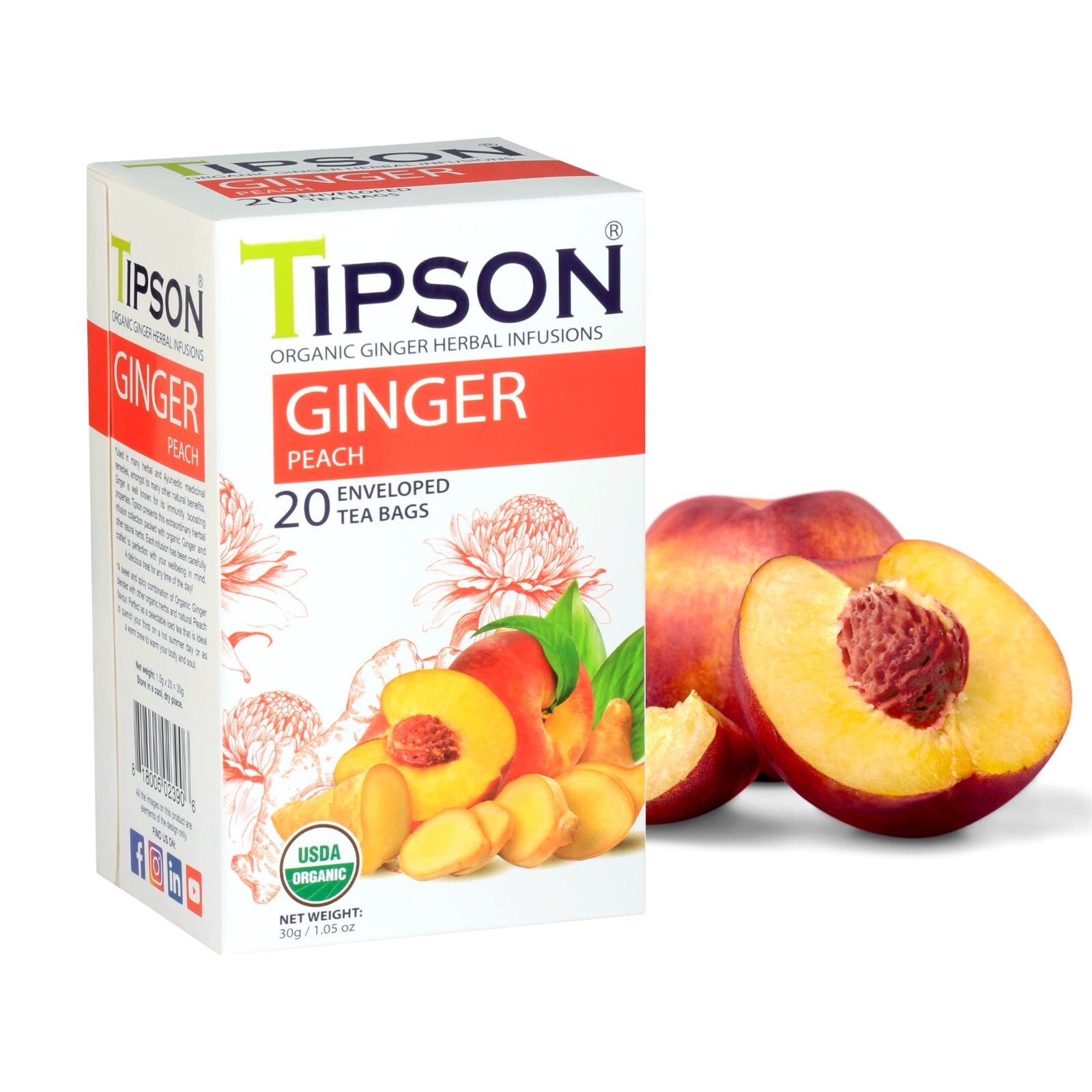 Ceylon Tipson Ginger & Peach Organic Herbal Tea Infusions 20 Tea Bags 2pcs