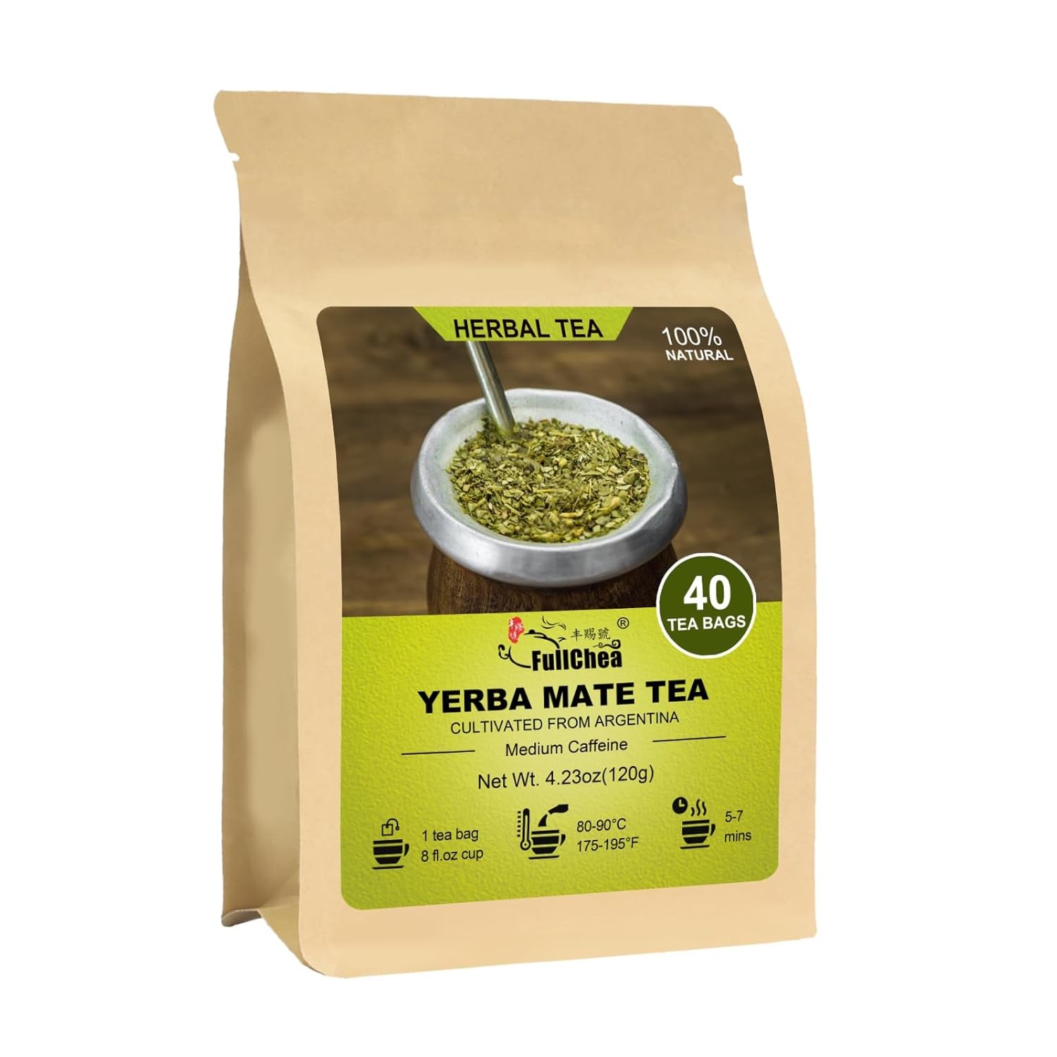 FullChea Yerba Mate 40 Teabags Unsmoked Argentina 3g Each