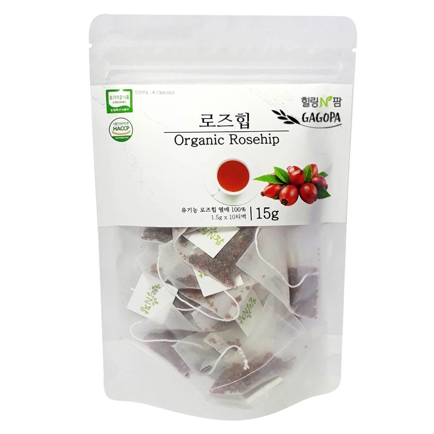[GAGOPA] 100% Pure Organic Rosehip Herbal Tea, 1.5g x 10 Teabags (3-Pack, 30ea)