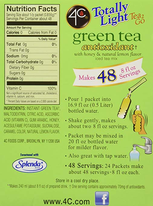 4C Totally Light Tea 2 Go Green Tea, Ice Tea Mix, 20 Count