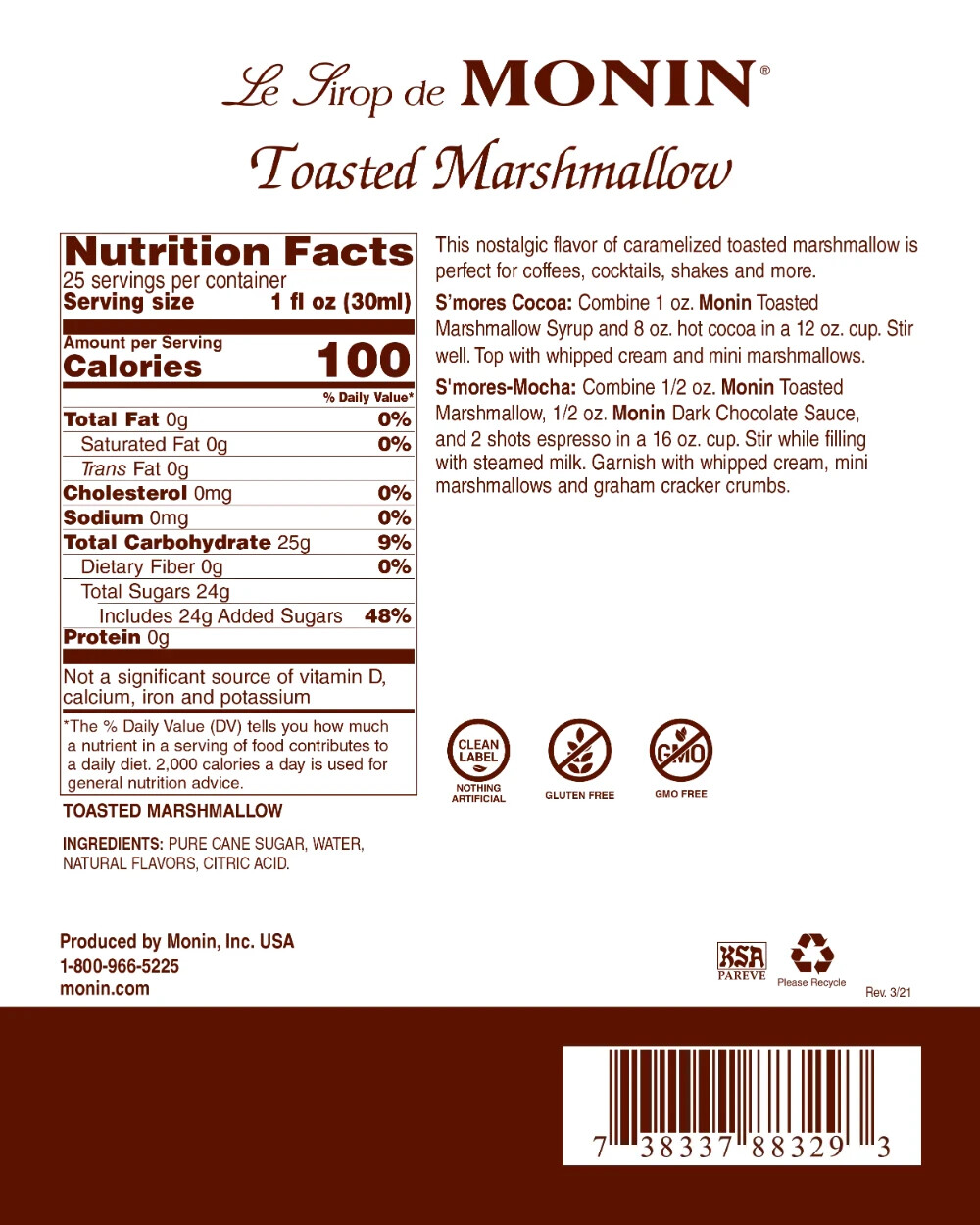 Monin Toasted Marshmallow Syrup (750mL), H-Toasted Marshmallow