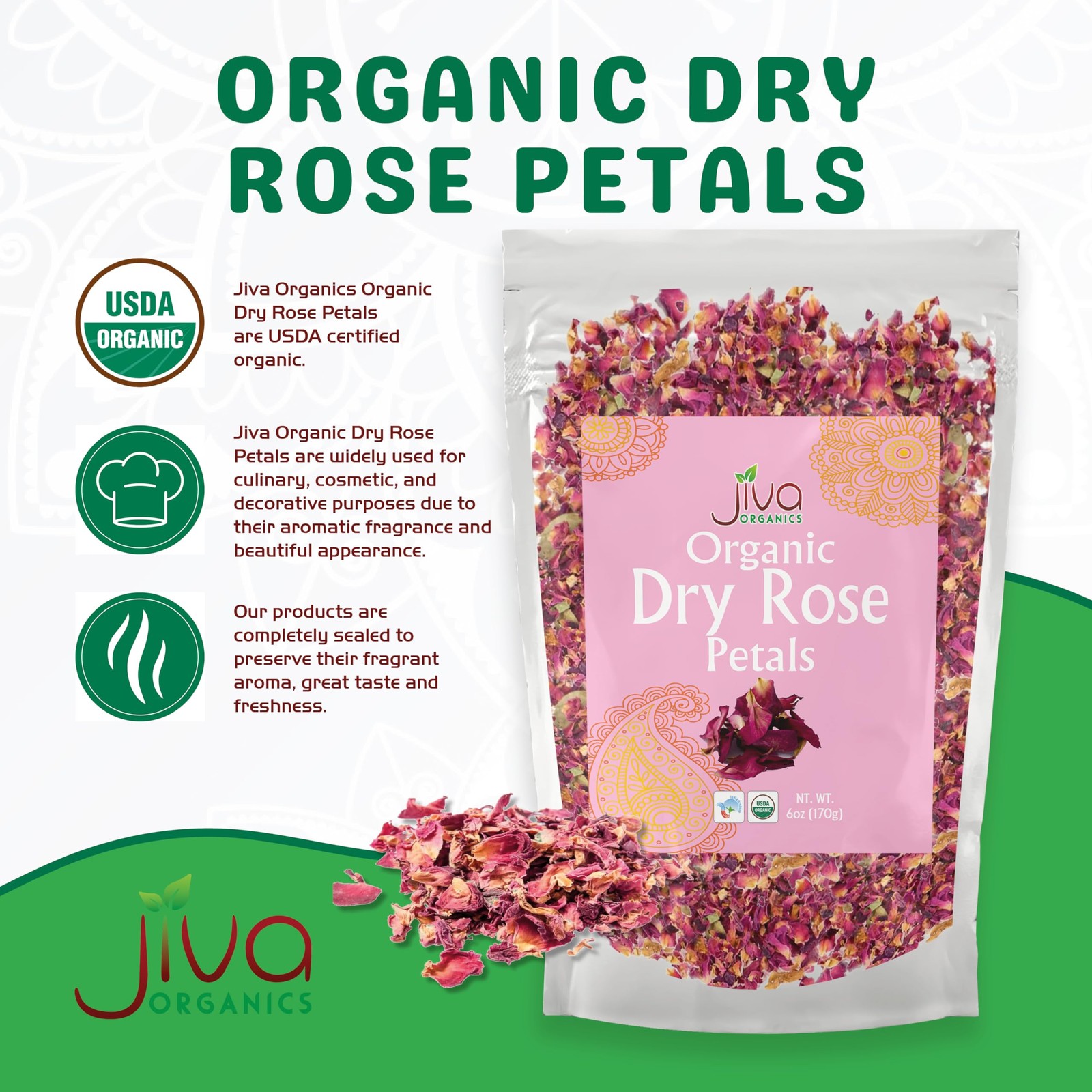 Jiva USDA Organic Dried Red Rose Petals 6 Oz (170g) Large Bag – Food Grade, E…