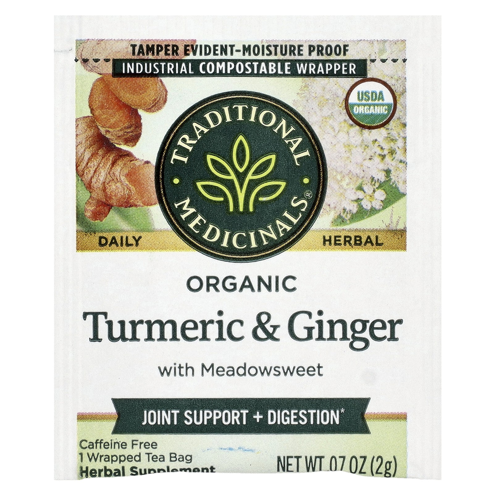 Organic Turmeric with Meadowsweet & Ginger, Caffeine Free, 16 Wrapped Tea Bags,