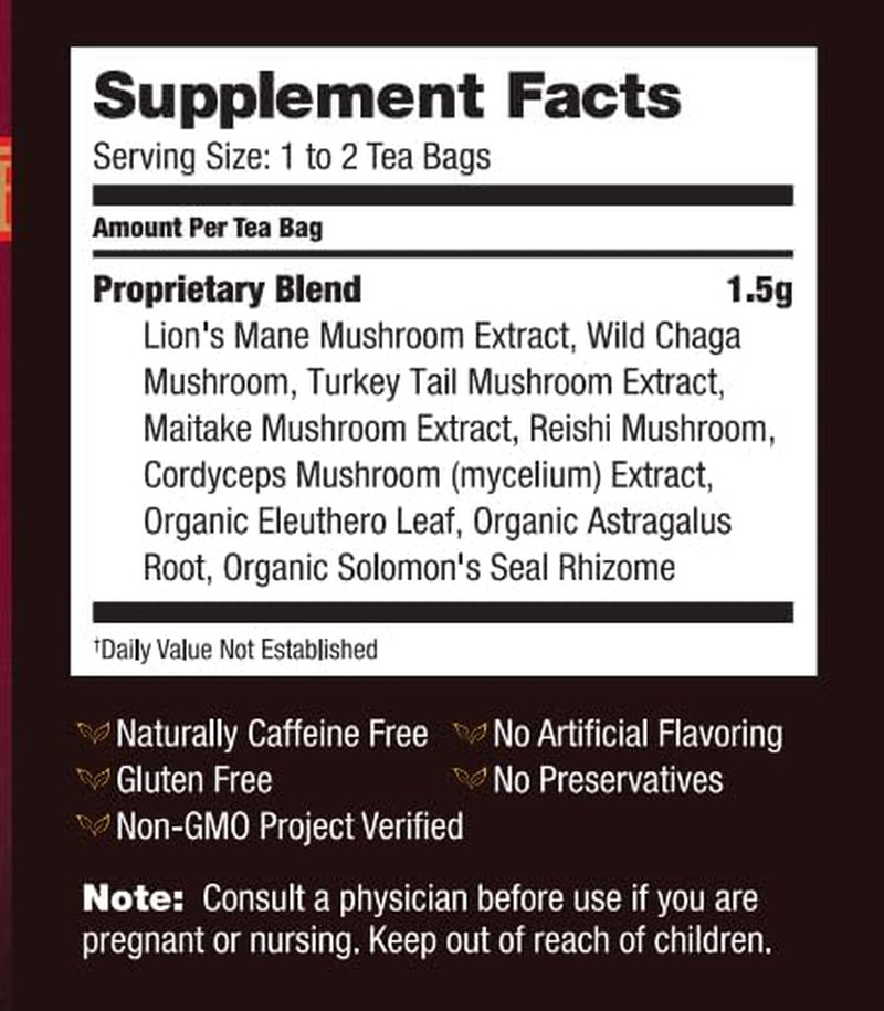 6 Mushroom Defense Herbal Tea, Caffeine Free 20 Tea Bags, 1 Count