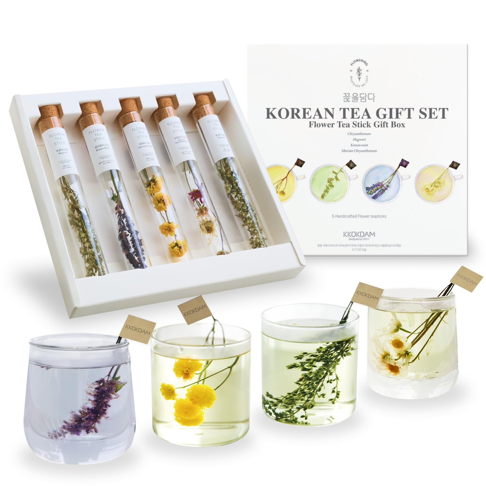 Korean Tea Gift Set, 5 Loose Leaf Blooming Flower Teas, Stick Variety Pack Fancy