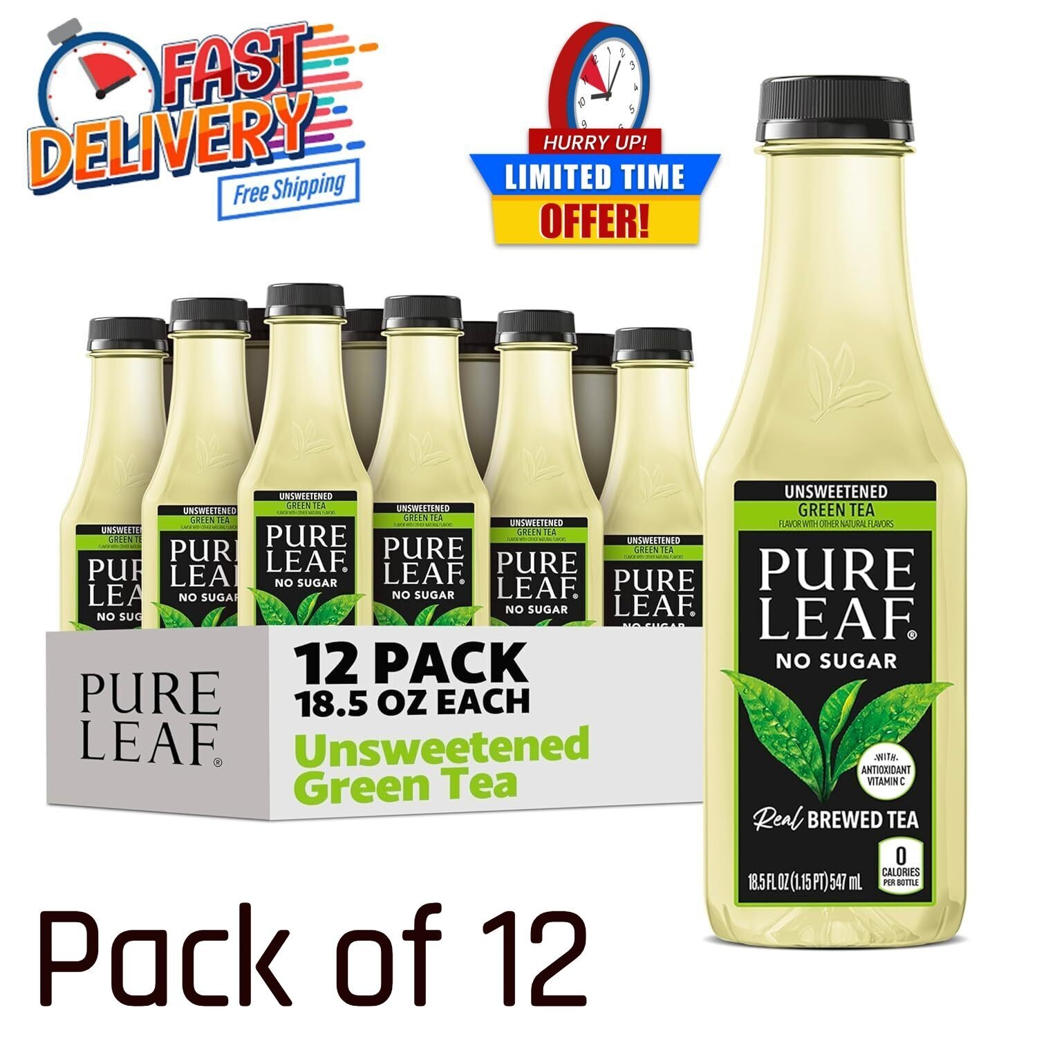 Pure Leaf Iced Tea Unsweetened Green Tea 12 Pack 18.5 Fl Oz Bottles Ready Drink