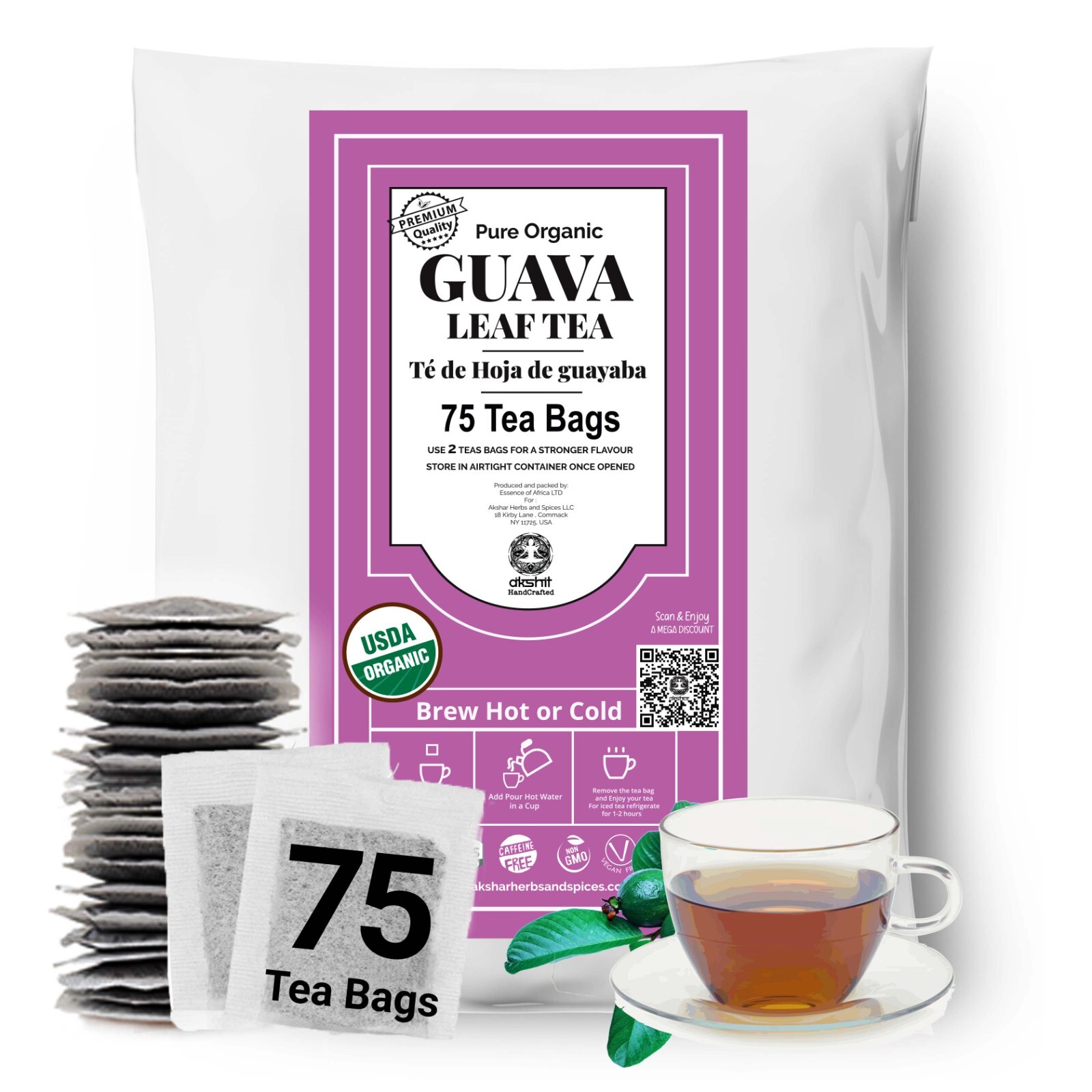 75 Organic Guava Tea Bags, All Natural Guava Leaf Tea, Herbal Tea, Caffeine Free