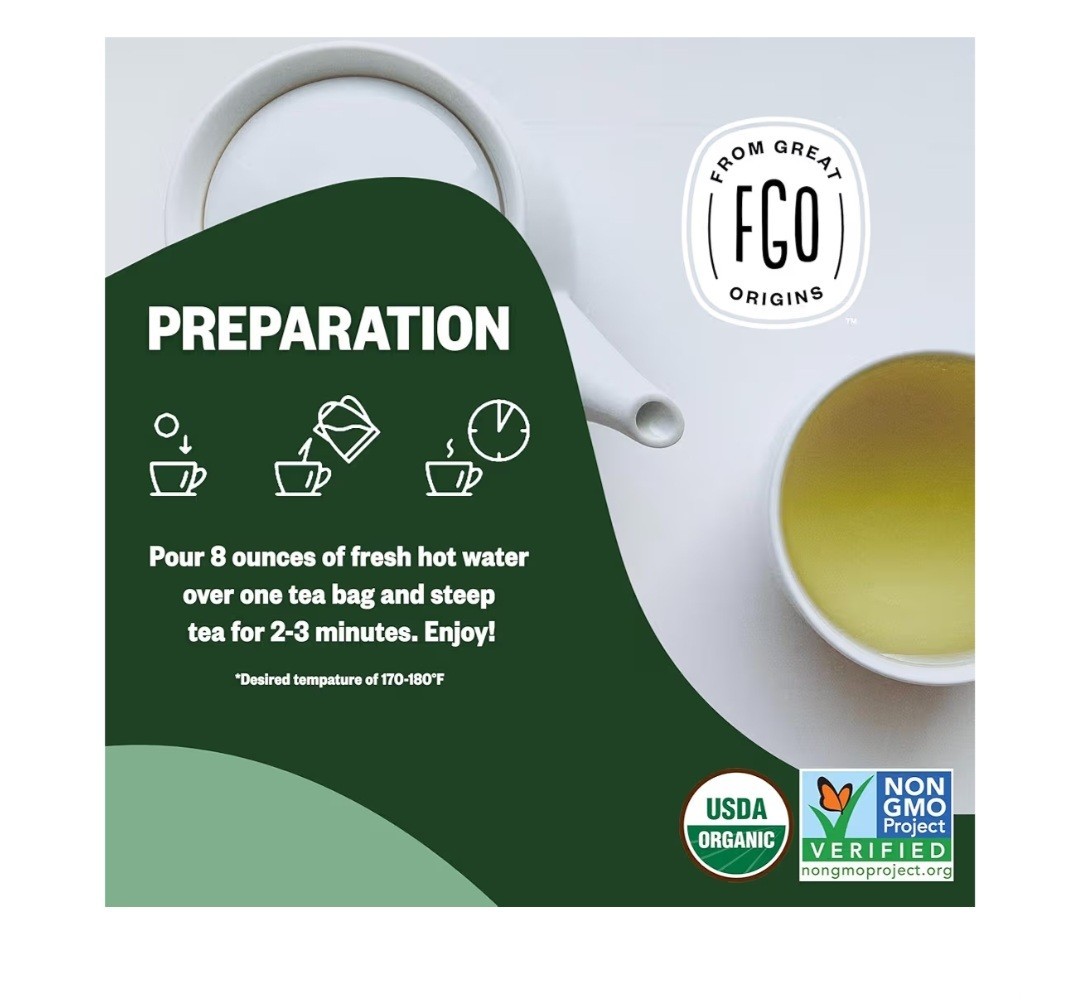 FGO Organic Green Tea Bags Bagged USDA Organic Non-GMO 100 Count 7oz 200g