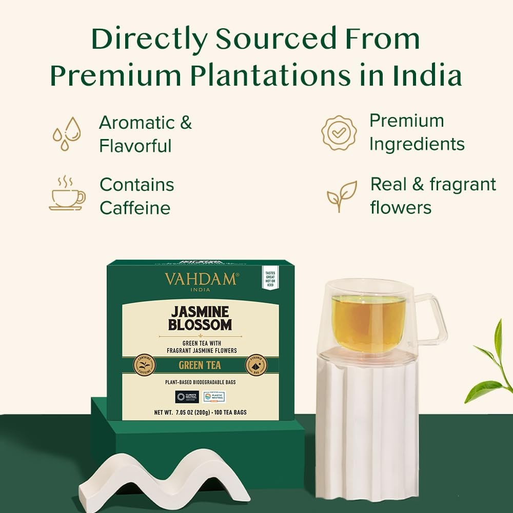VAHDAM, Jasmine Green Tea Bags (100 Count) Med 100 Count (Pack of 1)