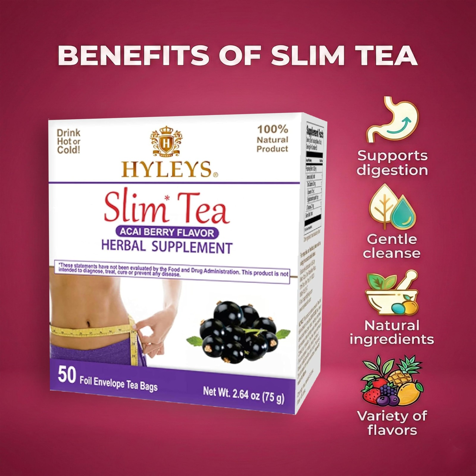 Hyleys Slim Tea Weight Loss Herbal 50 Count (Pack of 1), Acai Berry