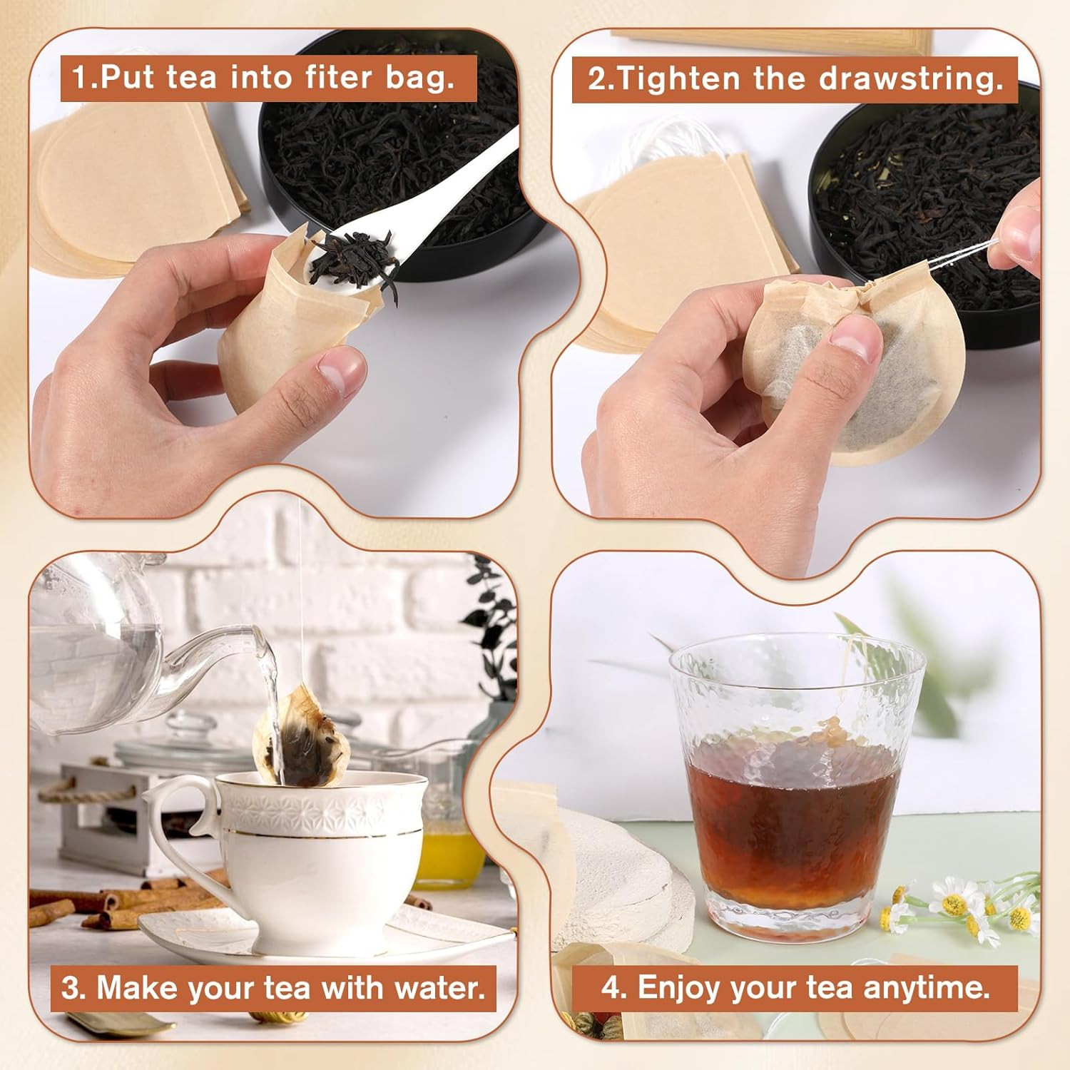 200 Pcs Tea Bags for Loose Leaf Tea Natural round Tea Filter Bags Disposable Woo
