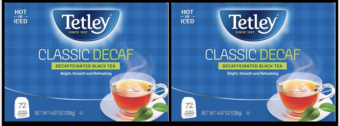 Tetley Decaf Decaffeinated Black Tea Classic Total 144 Bags HOT or COLD 2 BOX