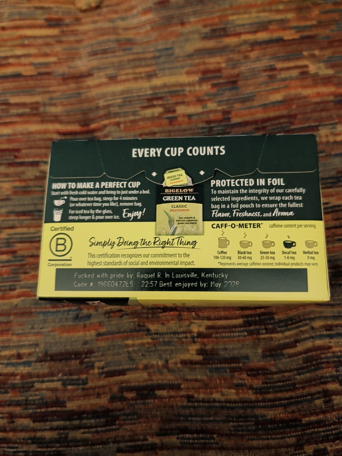 Bigelow Decaffeinated Green Tea Bags, 20 Count Box (Pack of 6) 120 Bags Exp 2028