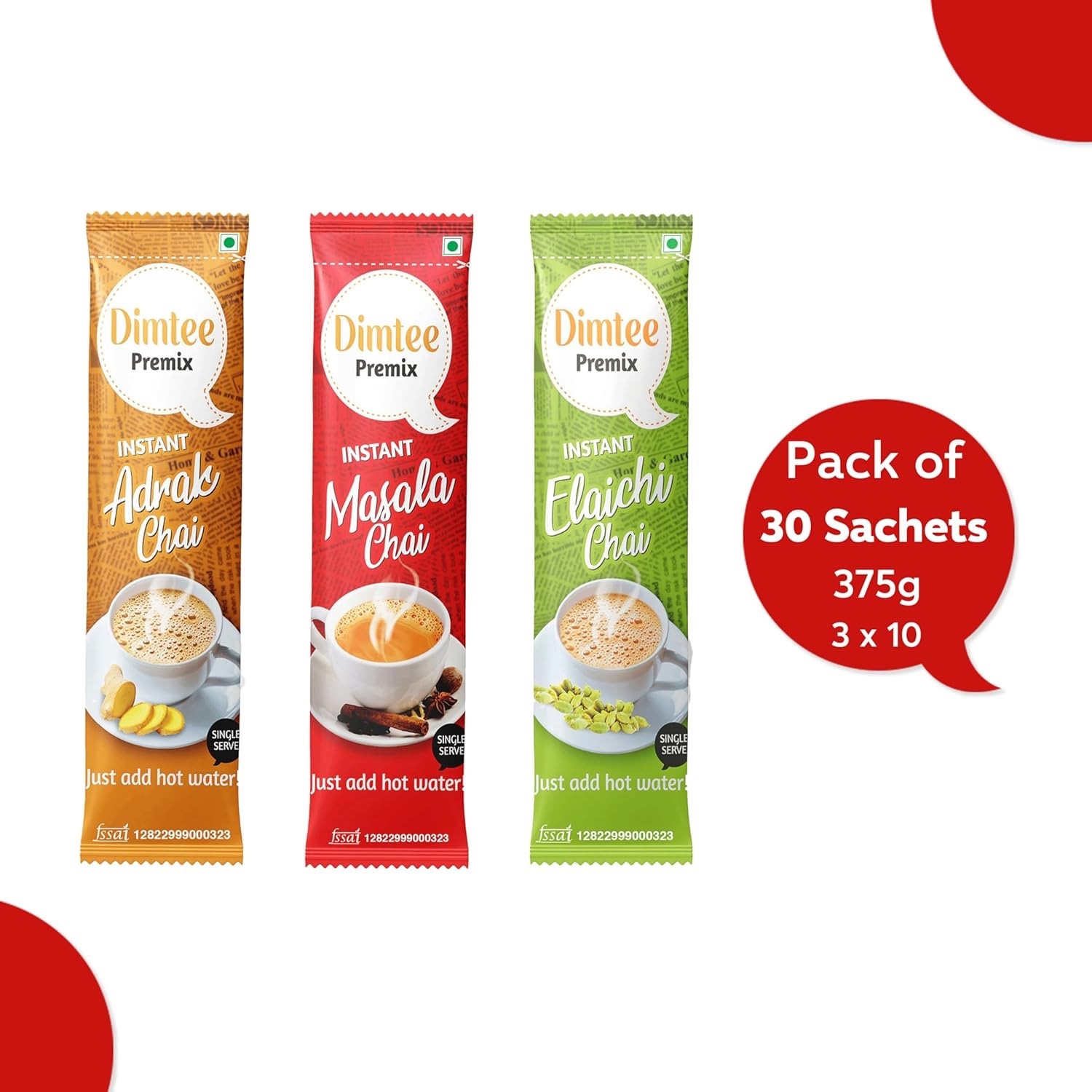 1 Minute Instant Assorted Tea Pack 30 Servings Sachets Masala, Cardamom, Ginger