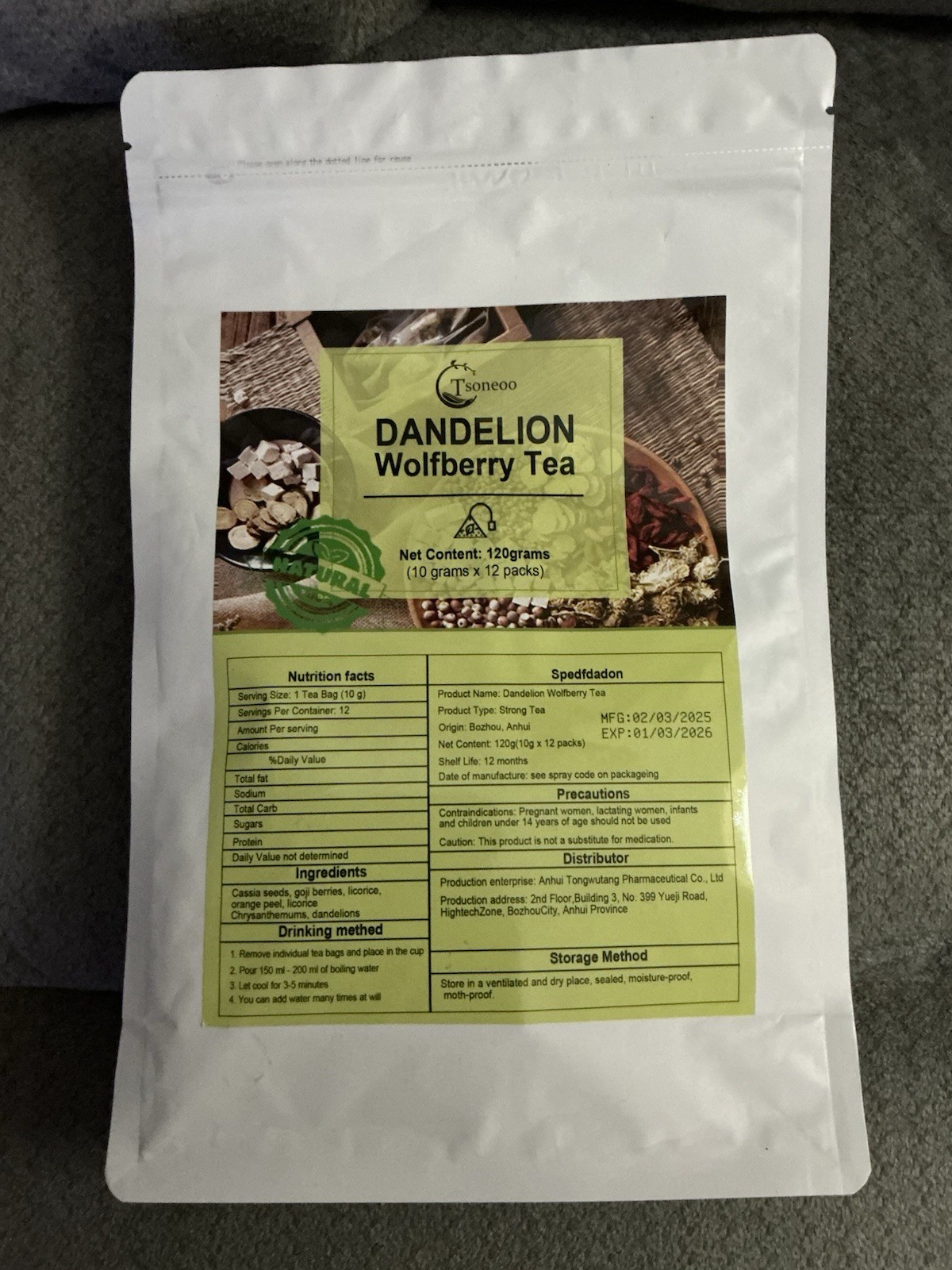New Dandelion Wolfberry Tea, Natural, Strong, 120 Grams, 12 Packs X 10 Grams Per