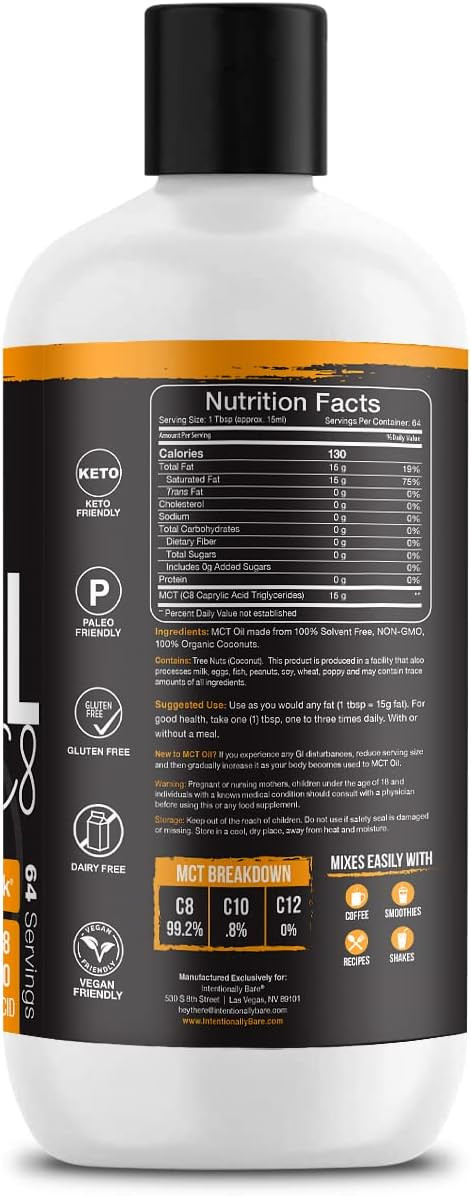 Intentionally Bare Pure C8 MCT Oil Organic – Brain 32 Fl Oz (Pack of 1)