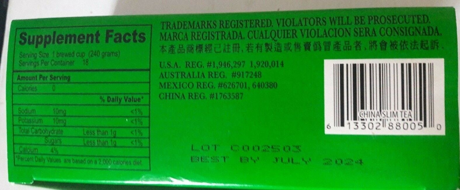 China Slim Tea Herbal Tea Delight 100 % All Natural No Caffeine 18 Tea Bags