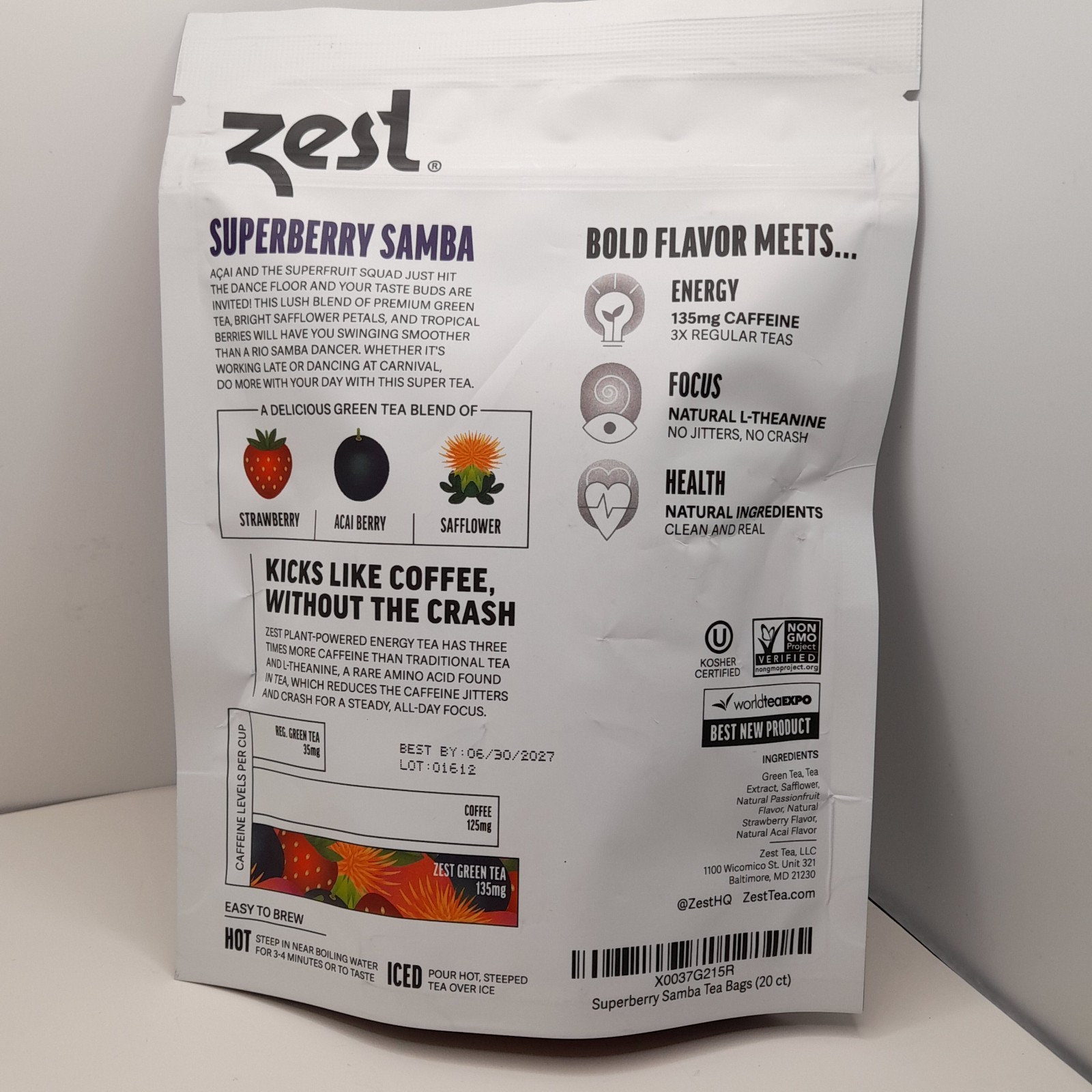 Zest Energy Superberry Samba Green Tea 20 Bags 135mg Caffeine Keto Friendly