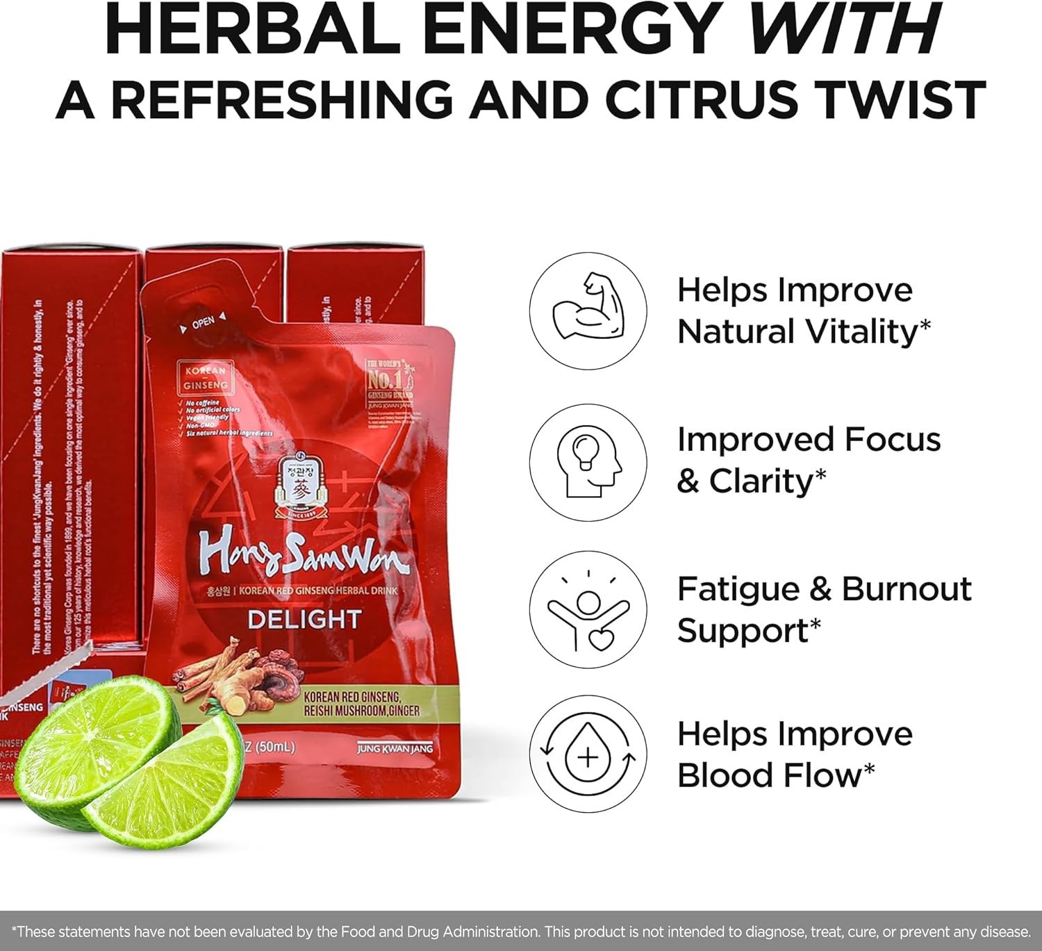 Guilt-Free Korean Ginseng Energy Drink with Lime, 3 Vitamins & 9 Amino Acids