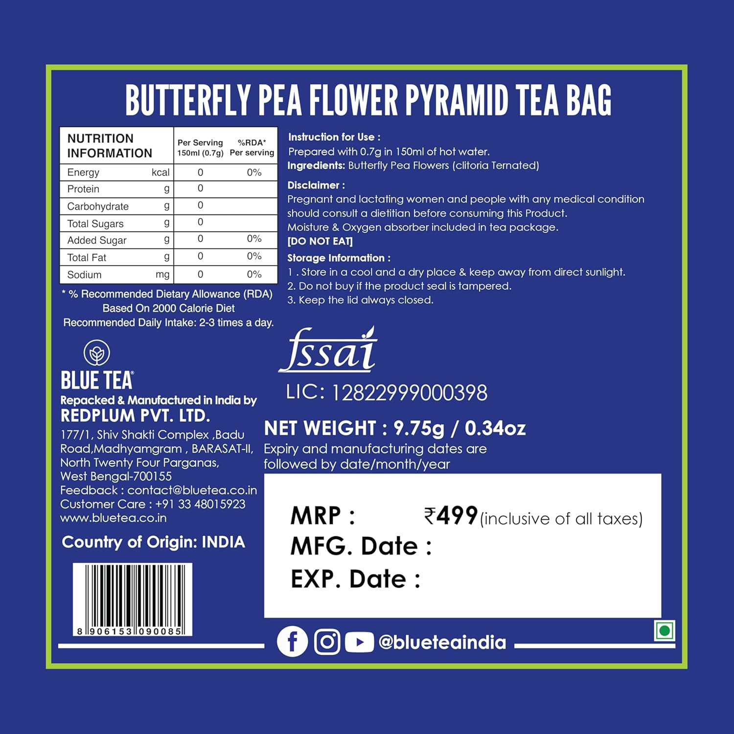 BLUE TEA – Butterfly Pea Flower Tea – 15 Count – Pyramid Plant Based Tea Bag | A