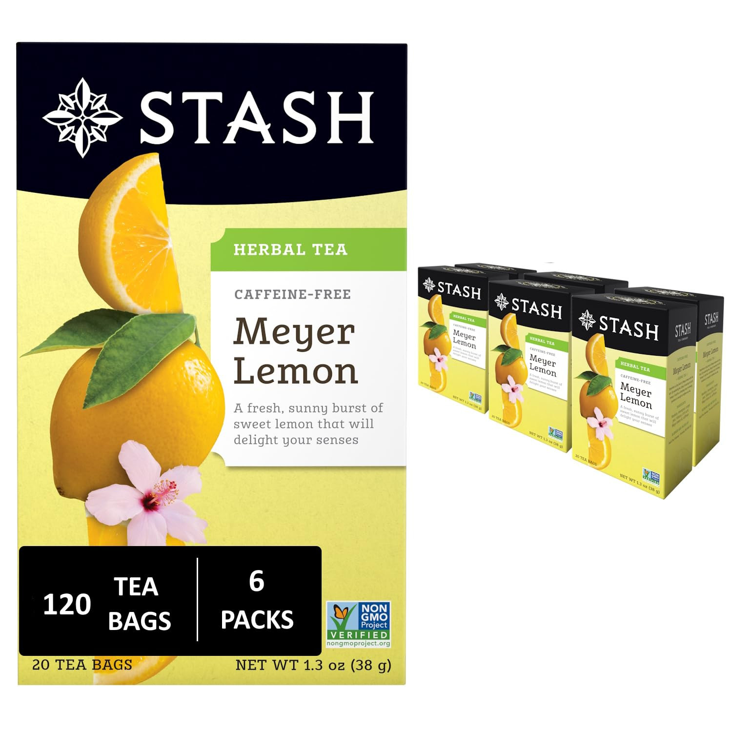 Stash Tea Meyer Lemon Herbal Tea, 6 Boxes with 20 Tea Bags Each (120 Bags Total)