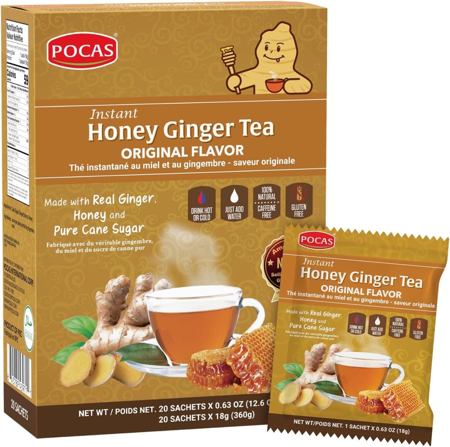 Pocas Honey Ginger Tea – Instant Tea Powder Packets with Ginger Honey – 20 Ct