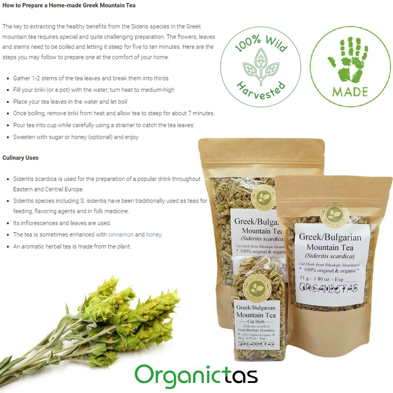 Organic Greek Mountain Tea Cut Sideritis Scardica Premium Quality Loose 2022 yr.