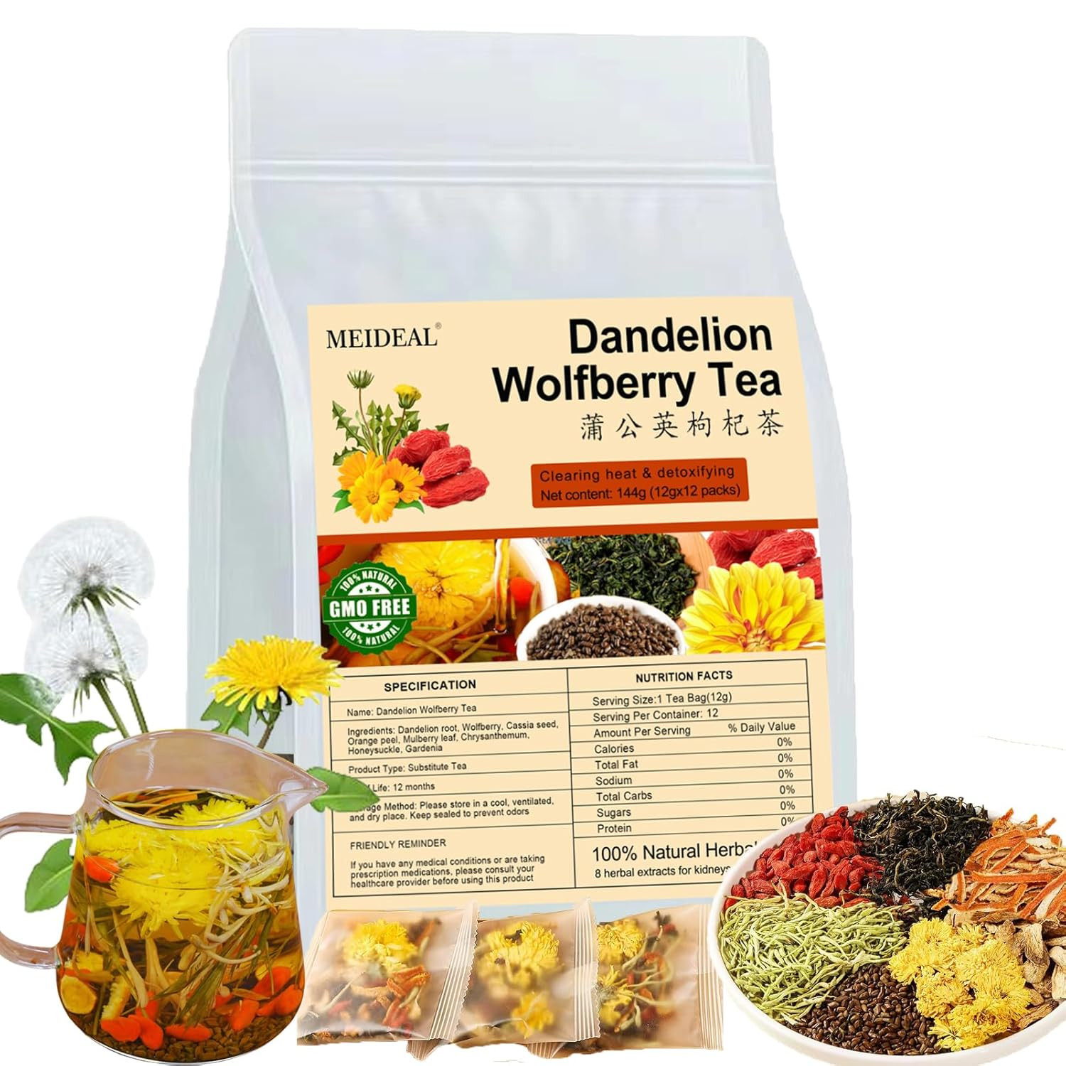 Dandelion Wolfberry Tea, 12 Pcs Organic Dandelion Tea for Kidneys & Liver Health