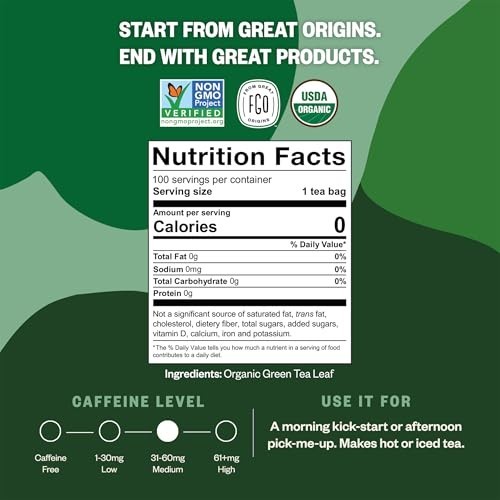 Organic Green Tea Bags – 100 Count, Caffeinated, Eco-Friendly, Resealable Pouch