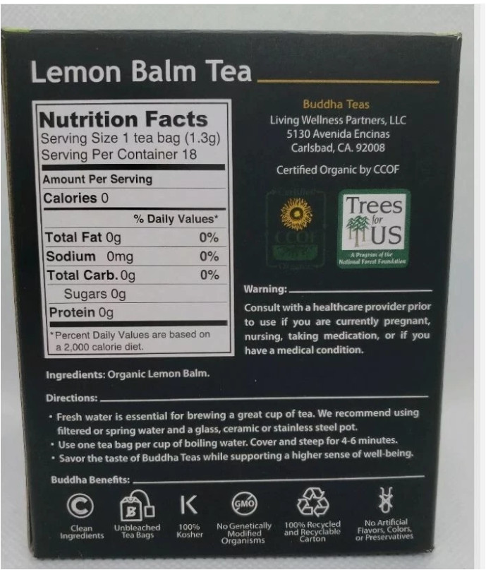 Buddha Teas Certified Organic Lemon Balm Tea 18 Tea Bags 4/2028