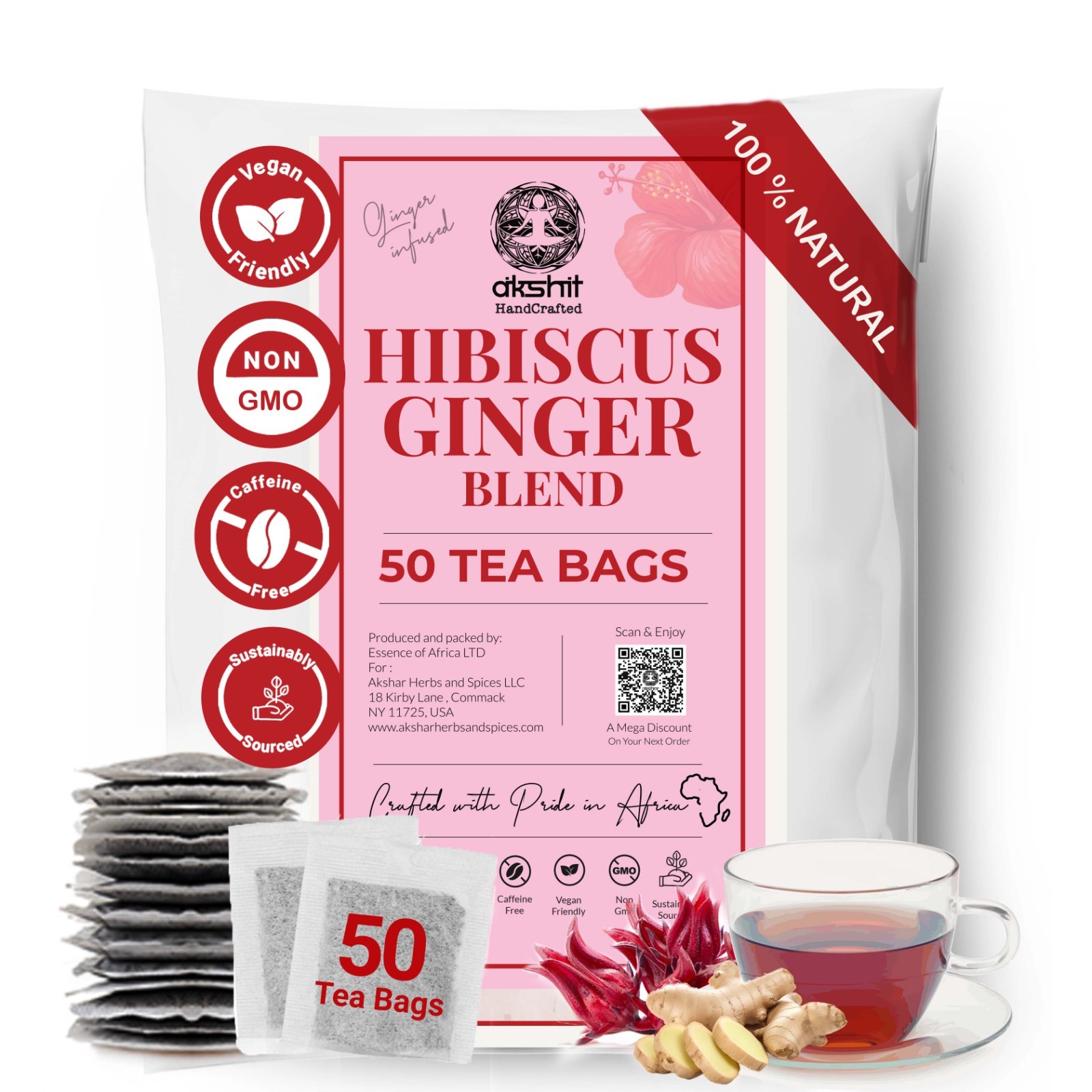 50 Hibiscus Tea Bags Natural Hibiscus Flower with Ginger Refreshing Wellness Tea