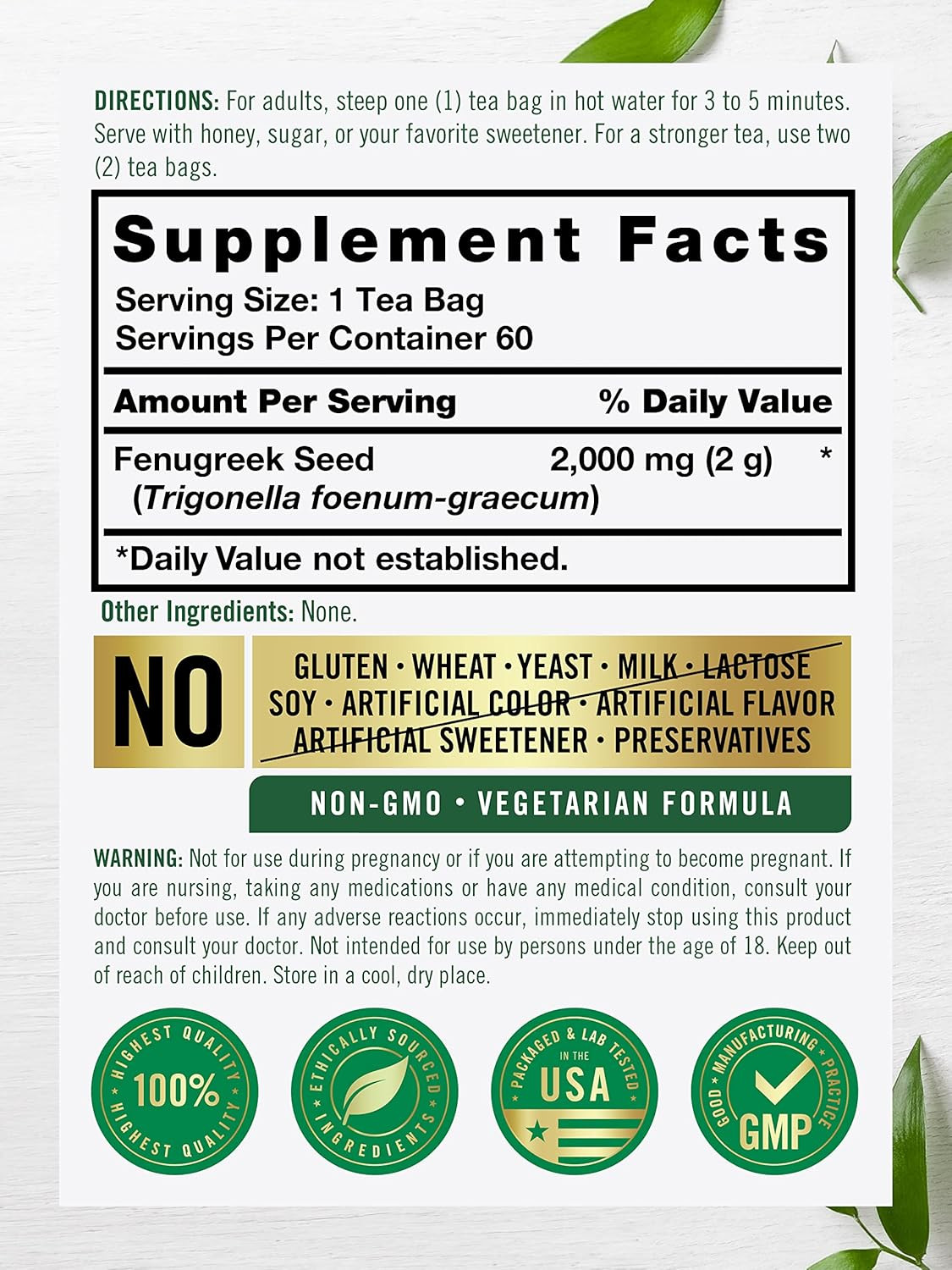 Fenugreek Seed Tea | 60 Tea Bags | No Caffeine | Vegetarian, Non-GMO & Gluten Fr