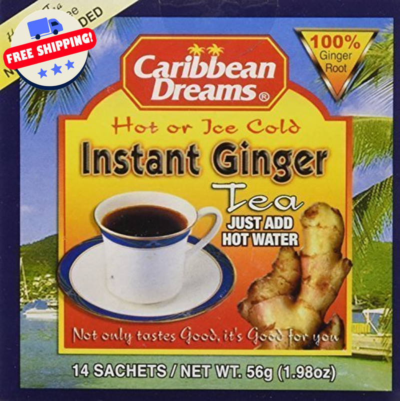Caribbean Dreams Ginger Tea, Instant Unsweetened, 14 Bags, Herbal Caffeine-Free