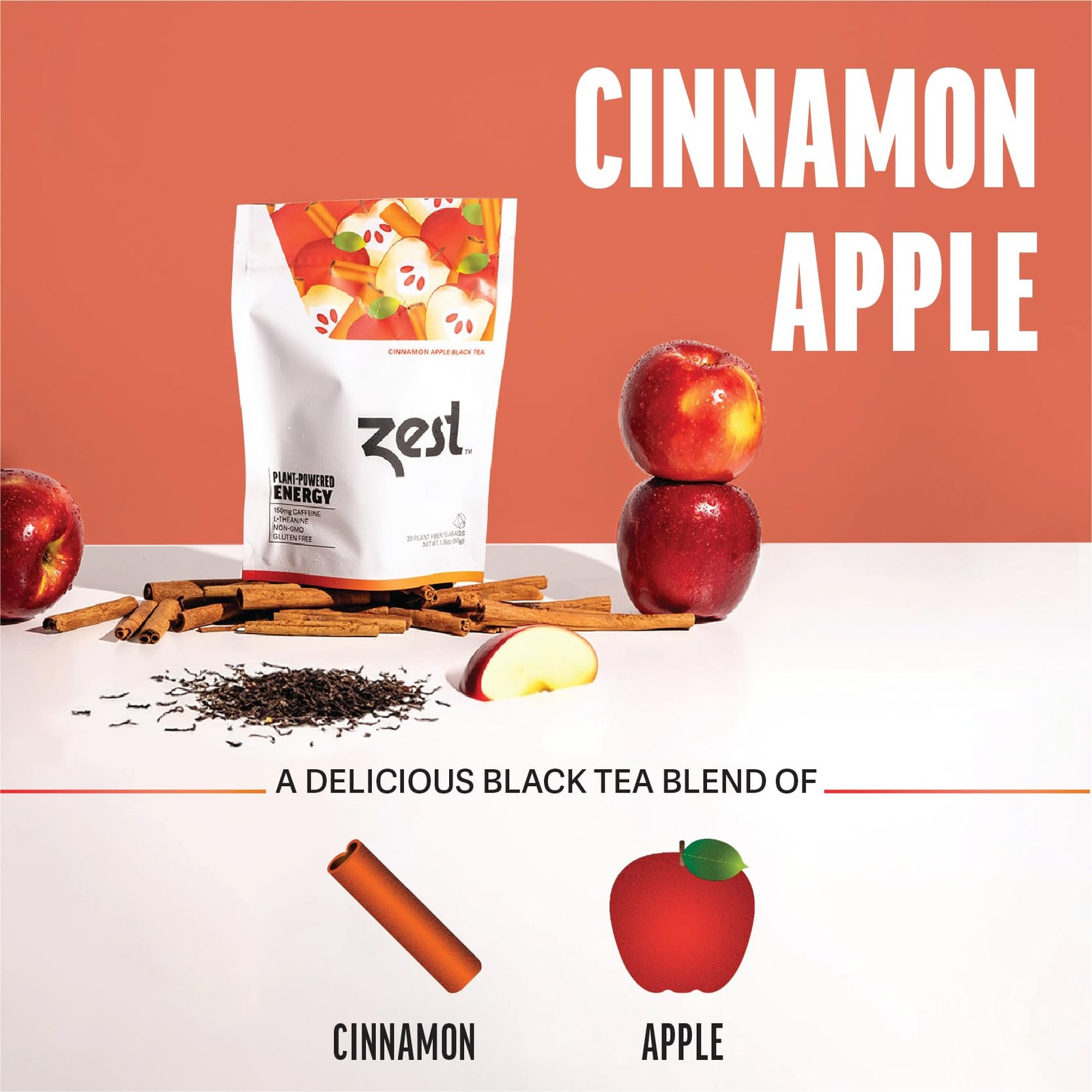 Zest 150mg Caffeine Energy Leaf Blend – Cinnamon Apple Black Tea – 20 Pack