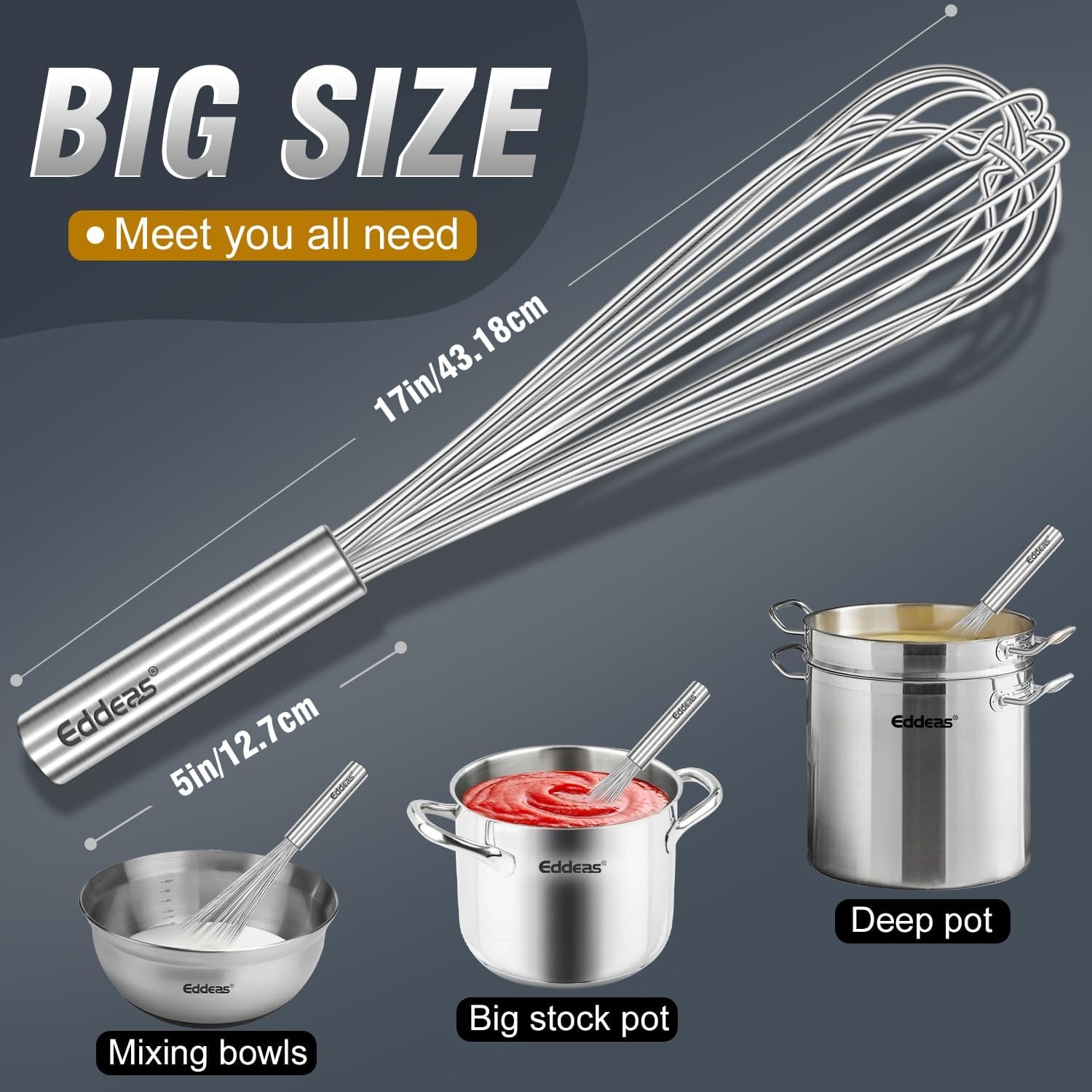 17in Large Whisk,Heavy Duty whisk, Stainless Steel whisk 17 inch, Silver 1Pcs