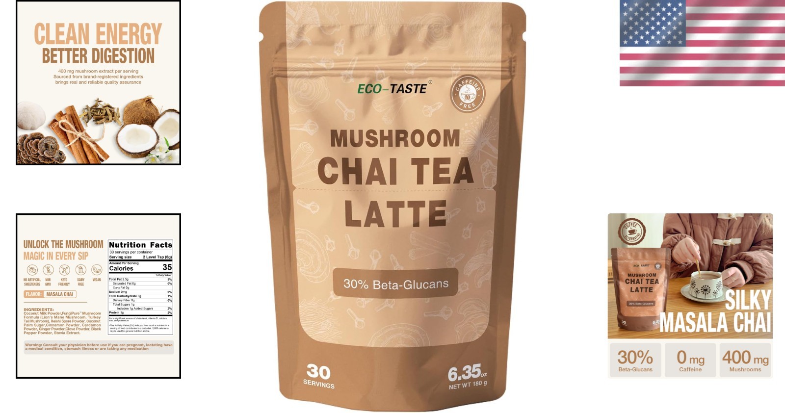 Chai Tea Latte with Mushrooms – 30 Servings, 30% Beta-Glucans – Lion’s Mane, …