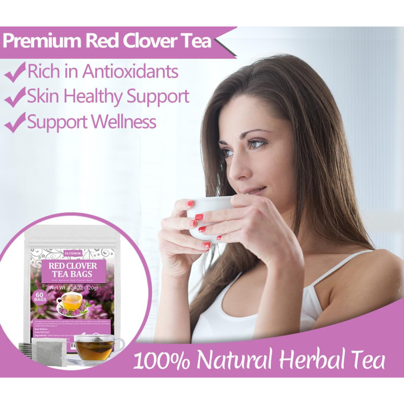 60 Premium Red Clover Tea Bags, Made with 100% Natural Red Clover Flowers & Herb