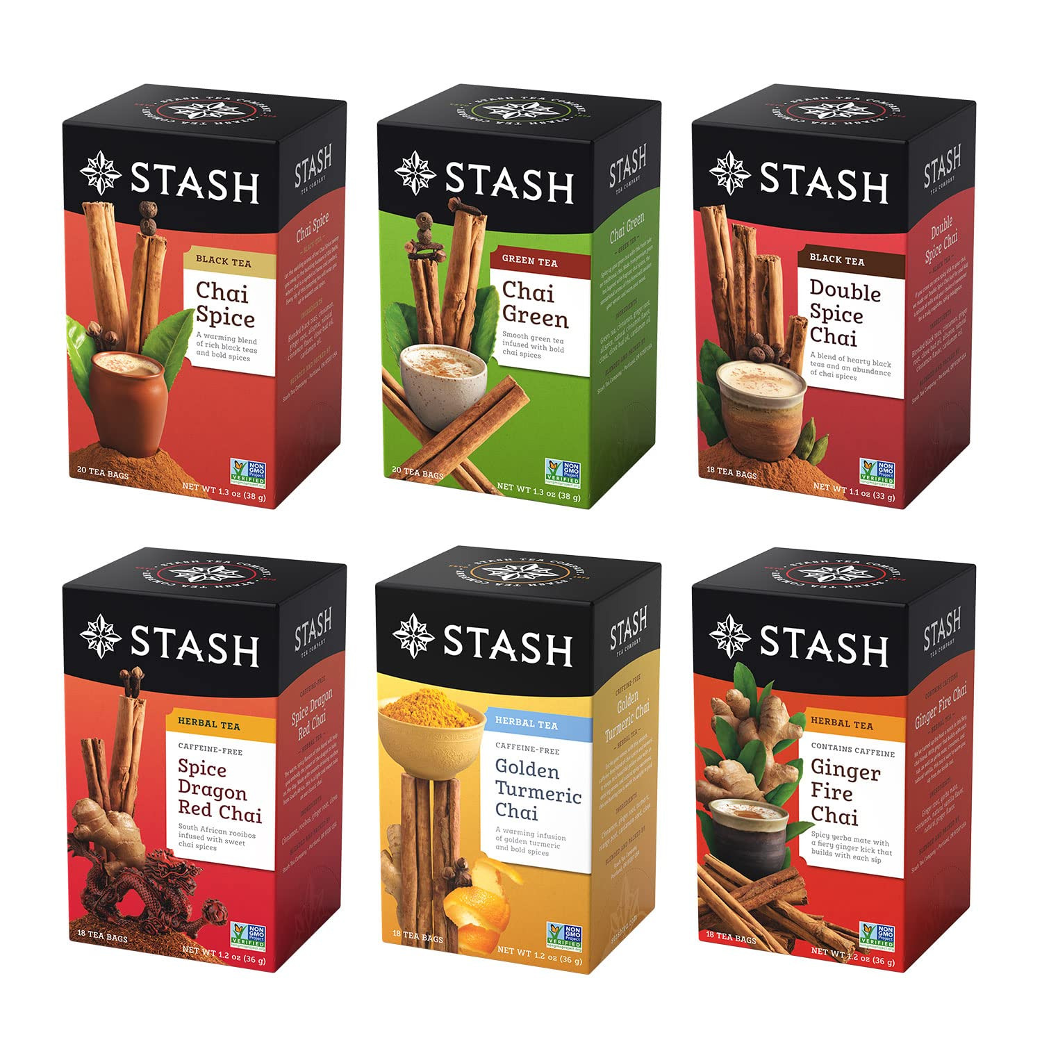 Stash Tea Chai Variety Pack, 18–20 Bags, 6 Pack
