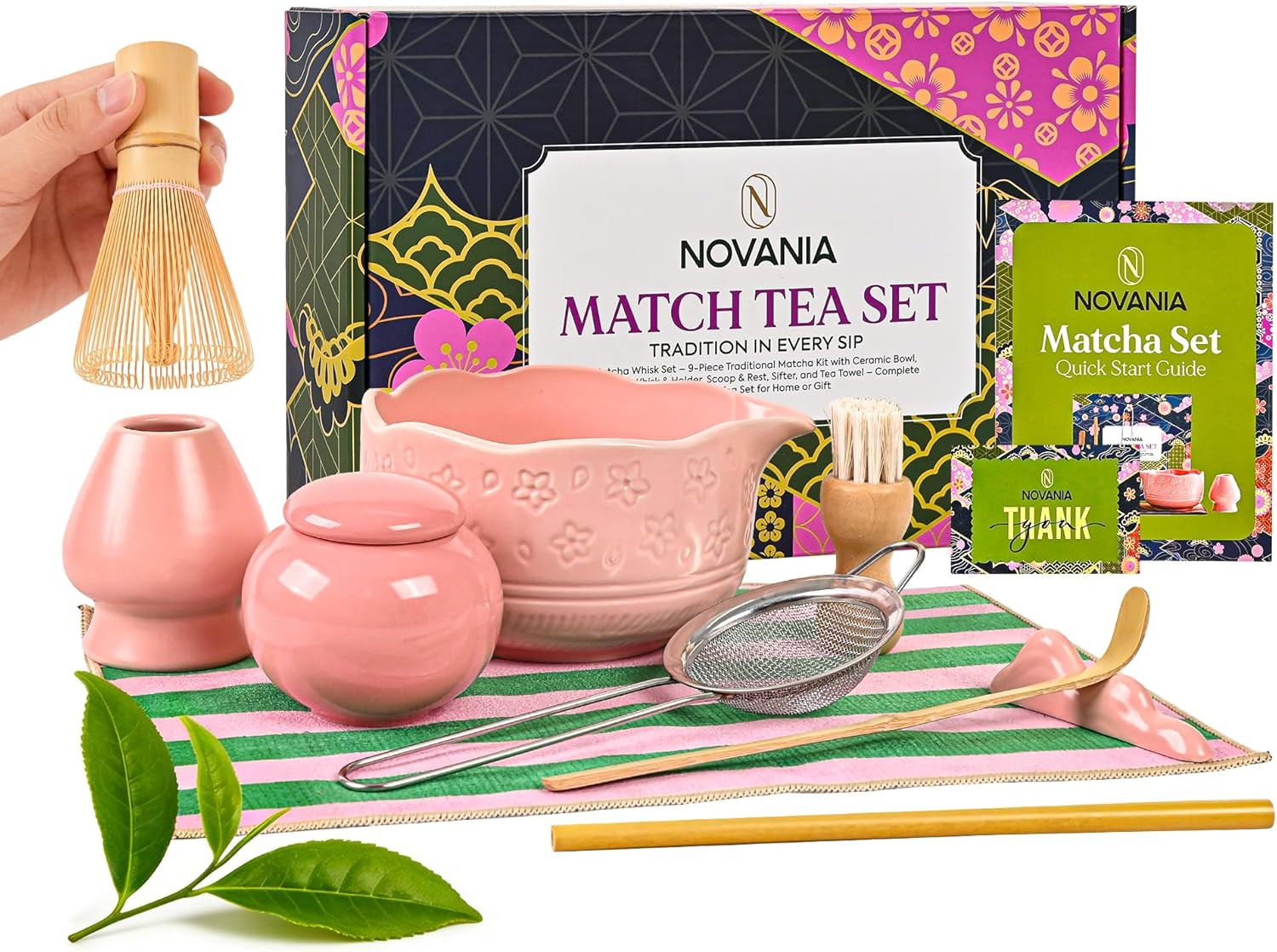 NOVANIA Pink Matcha Whisk Set – 10Pcs Premium Japanese Bamboo Matcha Kit with Bo