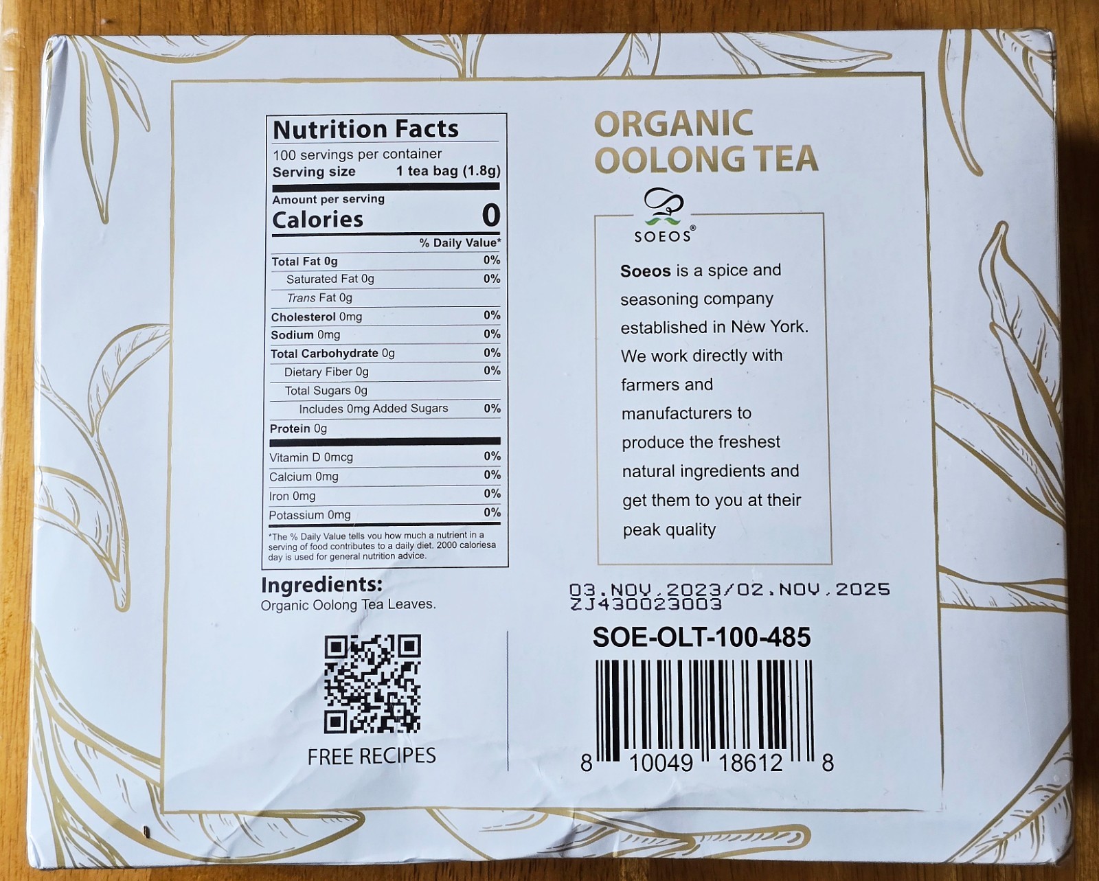SOEOS’ Organic Oolong Tea 100 Bags Low Caffeine USDA Certify Sealed NEW Box