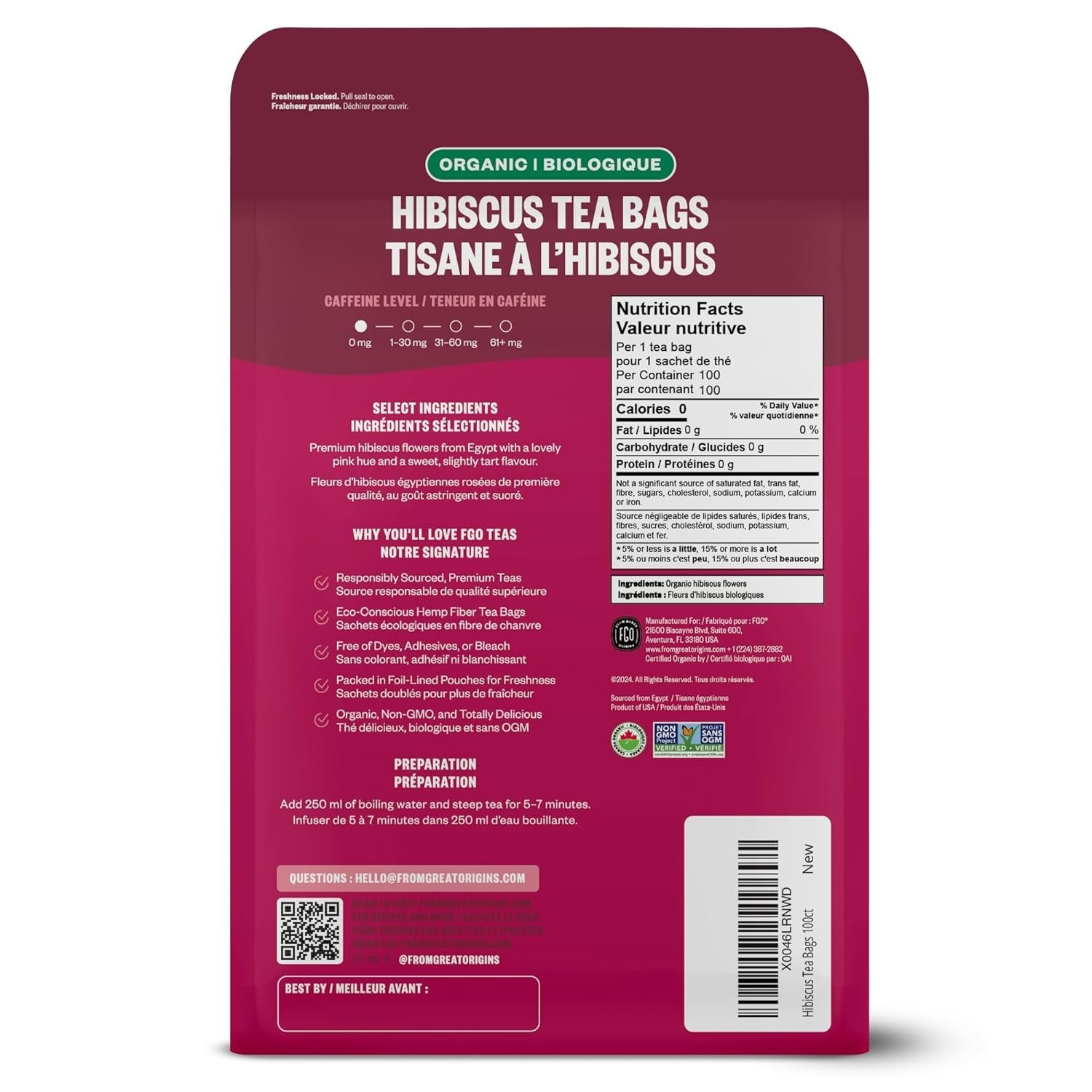 Organic Hibiscus Tea, 100 Count, Eco-Conscious Tea Bags, Caffeine Free, Packa…