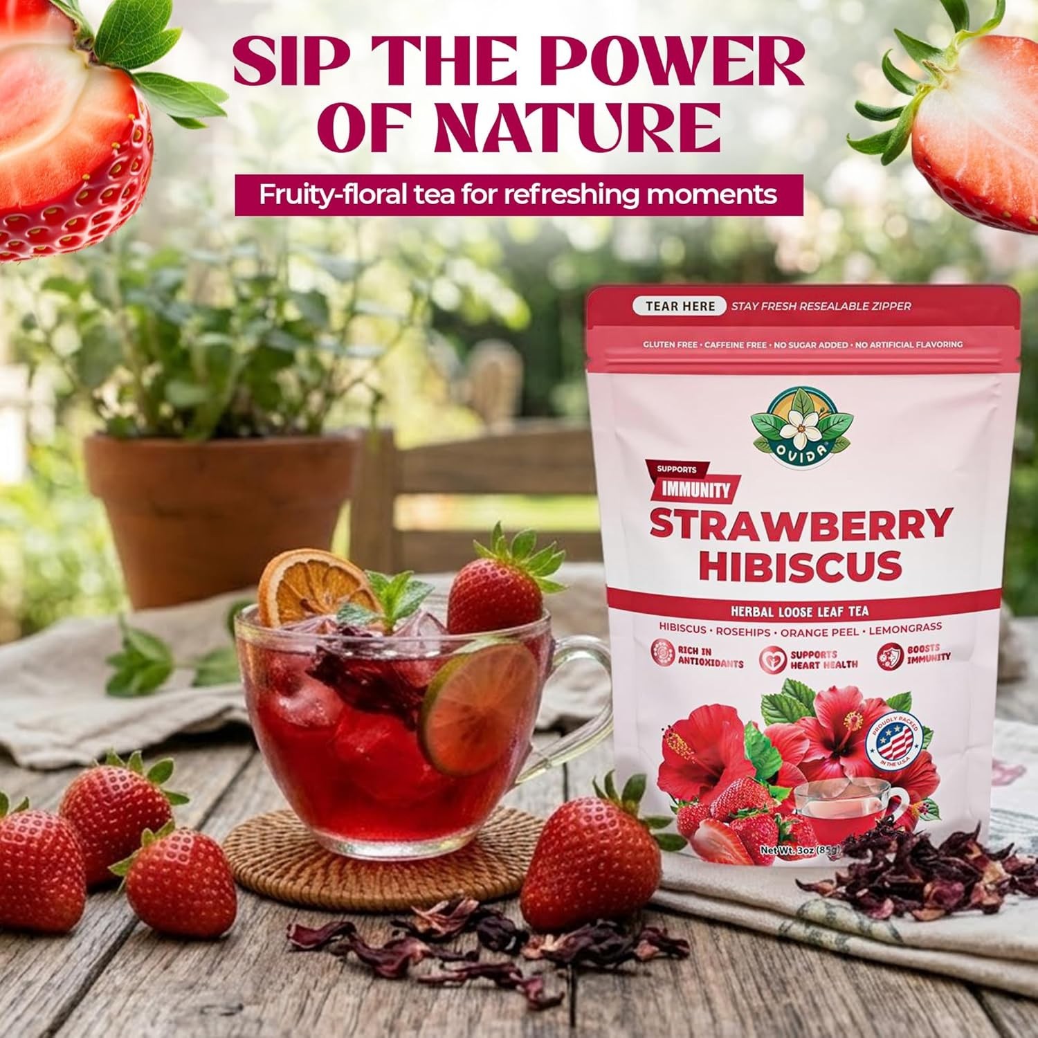 Strawberry Hibiscus Tea, Caffeine-Free Antioxidant Herbal Blend, Loose Leaf 3oz,