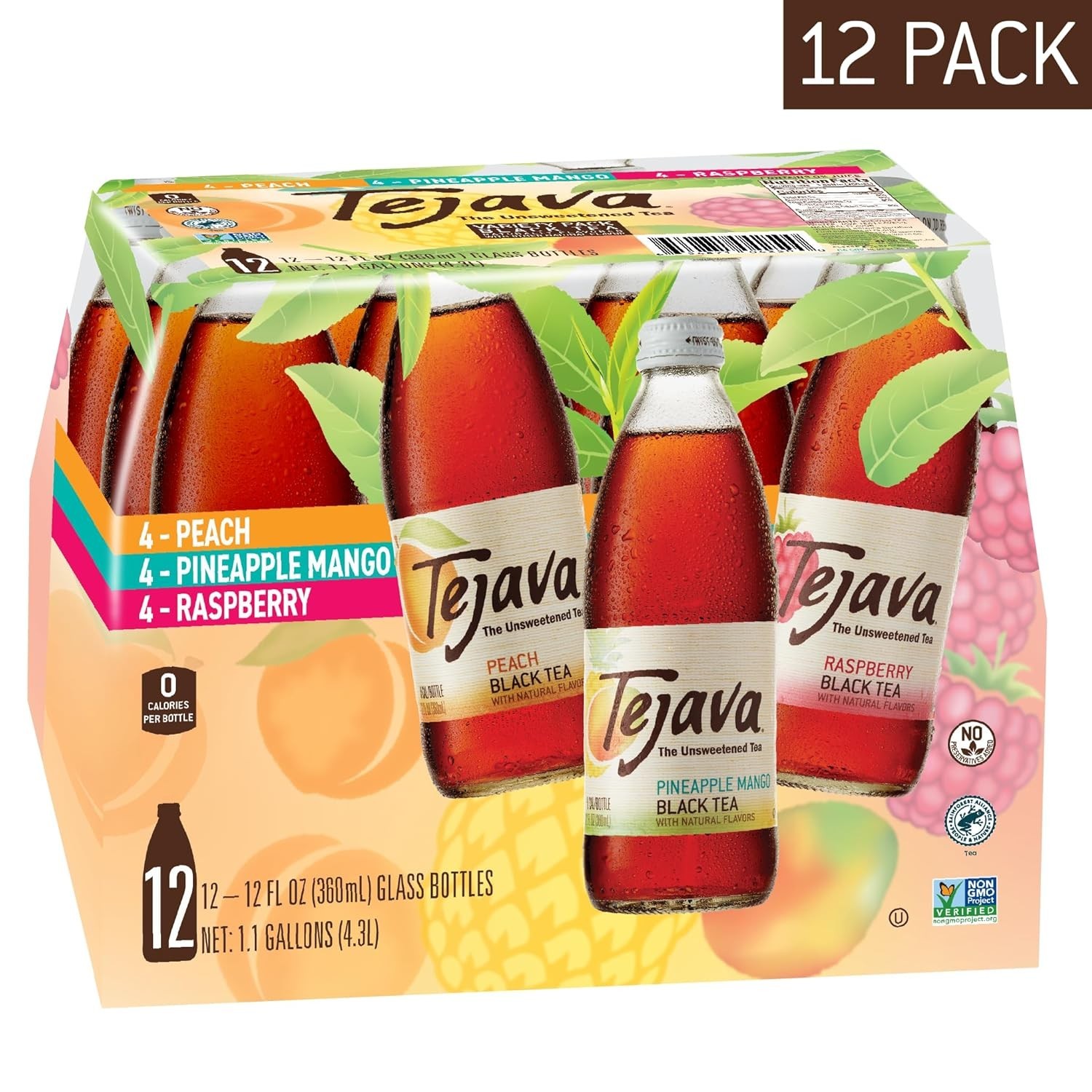 Black Tea Sampler 12 Ounce Bottles Unsweetened Peach Raspberry Pineapple Mango