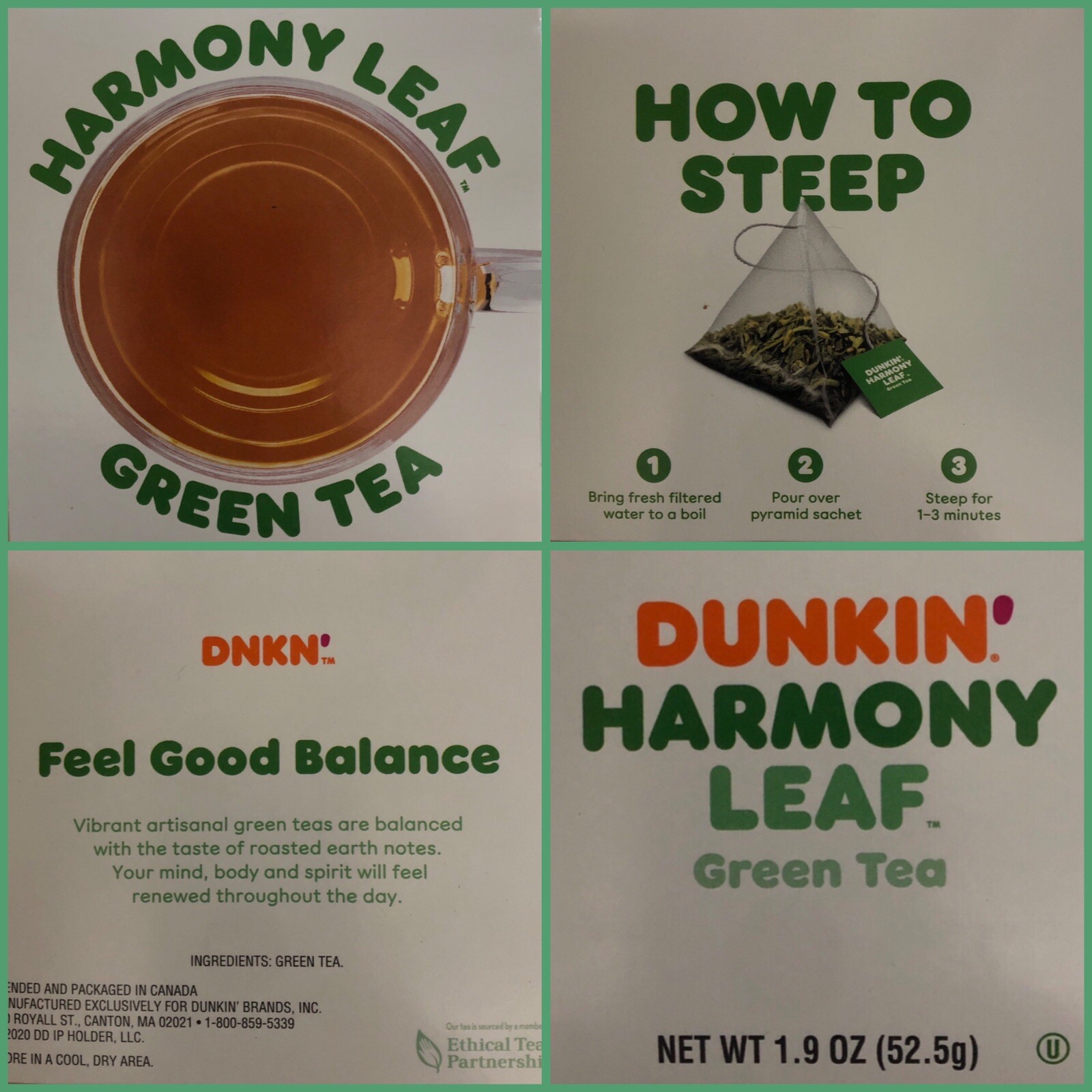 2 Boxes Dunkin Harmony Leaf Green Tea. 30 Tea Bags. NW 1.9 OZ EA.