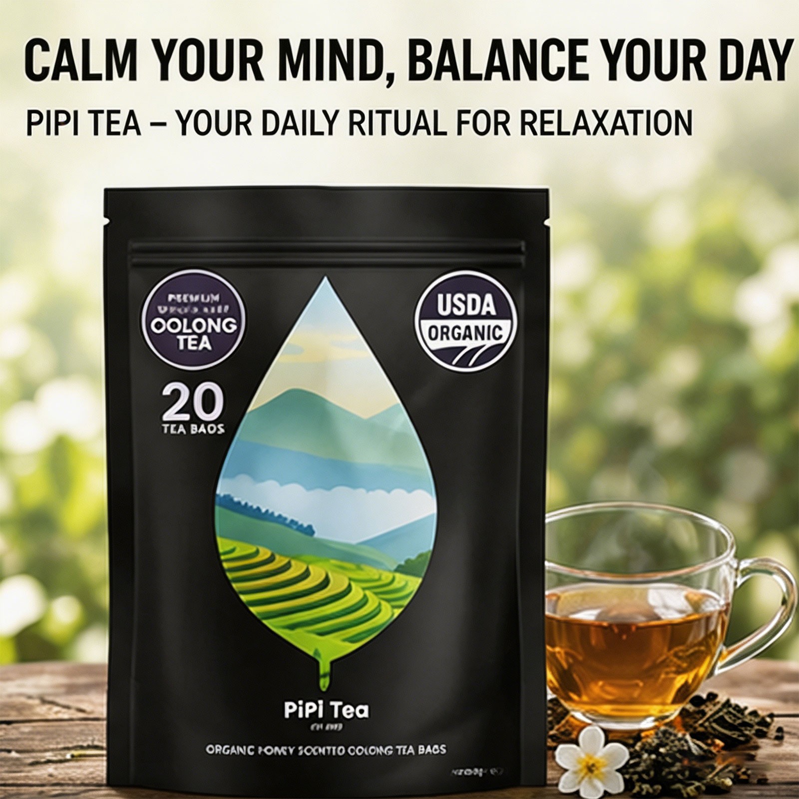 PiPi Tea Organic Oolong Tea Bags – Whole Leaf, 20 Bags (4g Each) – Cortisol &Ca1