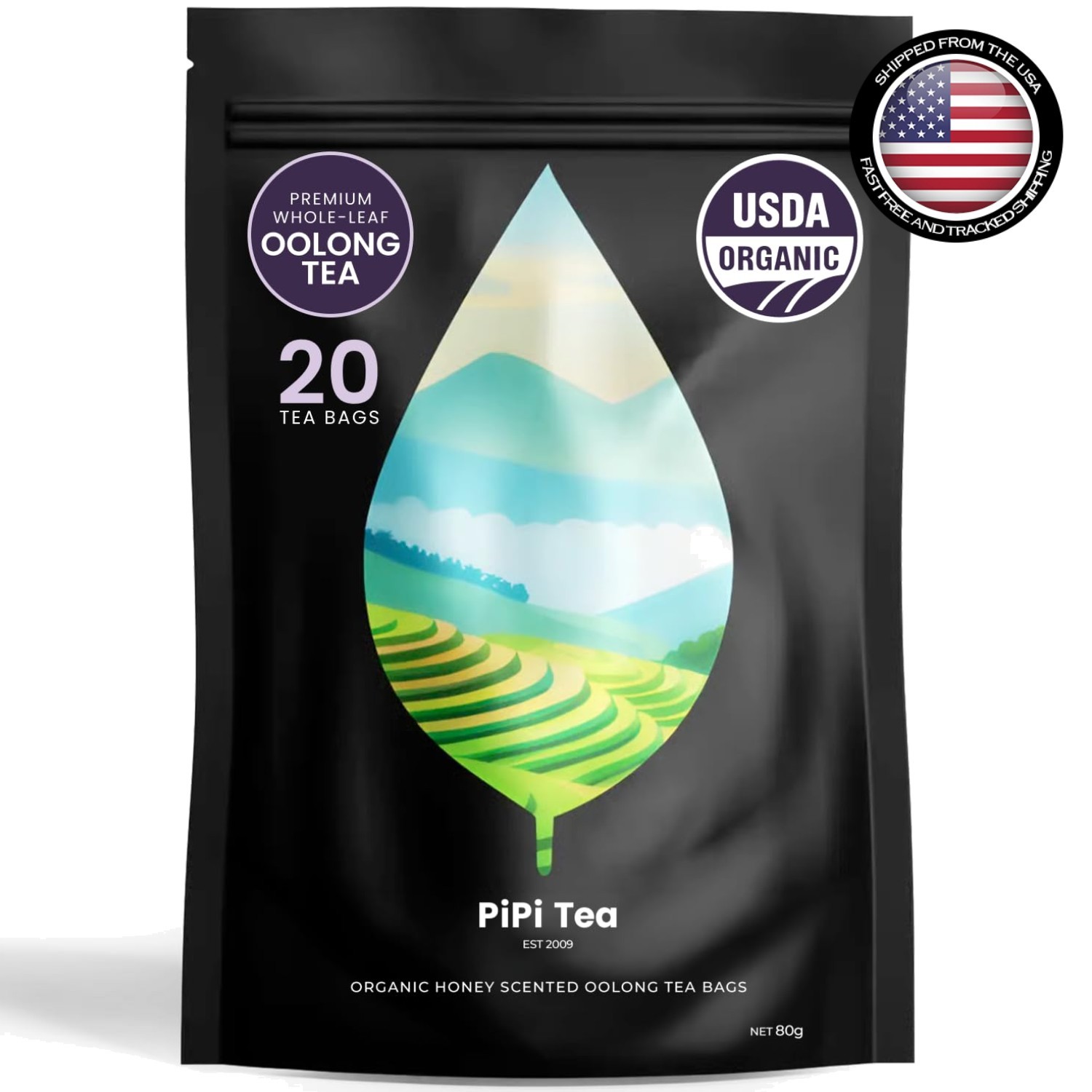 PiPi Tea Organic Oolong Bags – Whole Leaf, 20 (4g Each) 20